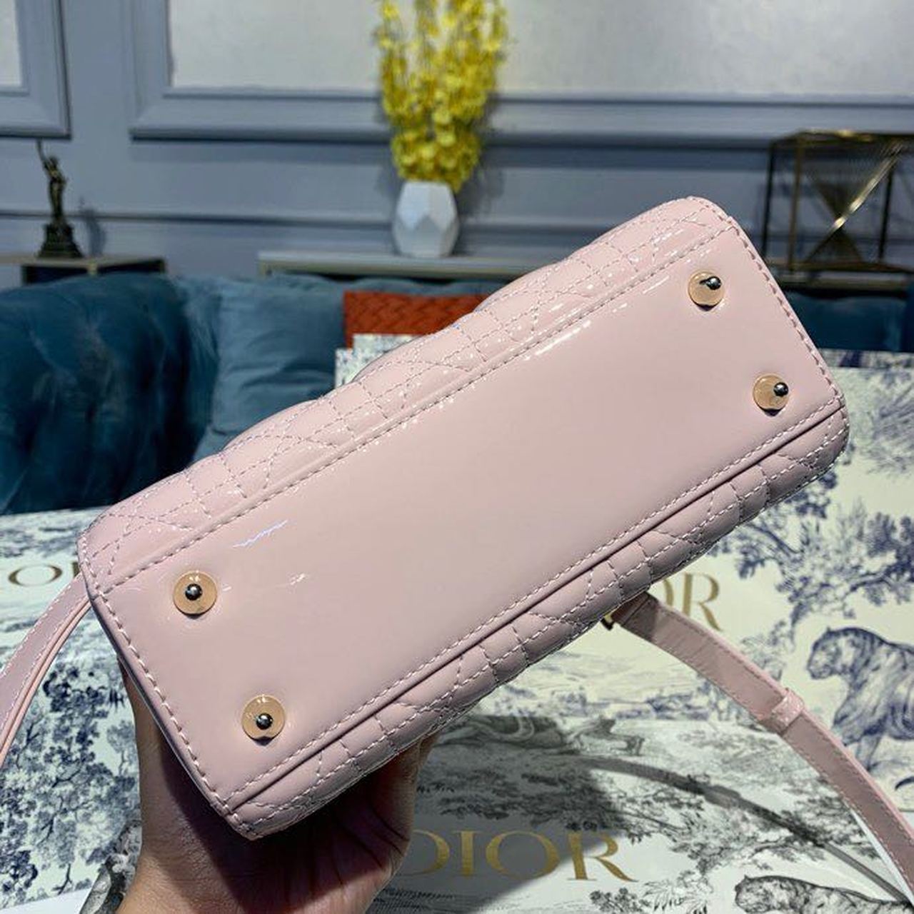 DI Small Lady Bag Gold Toned Hardware Patent Light Pink For Women 20cm/8in CD
