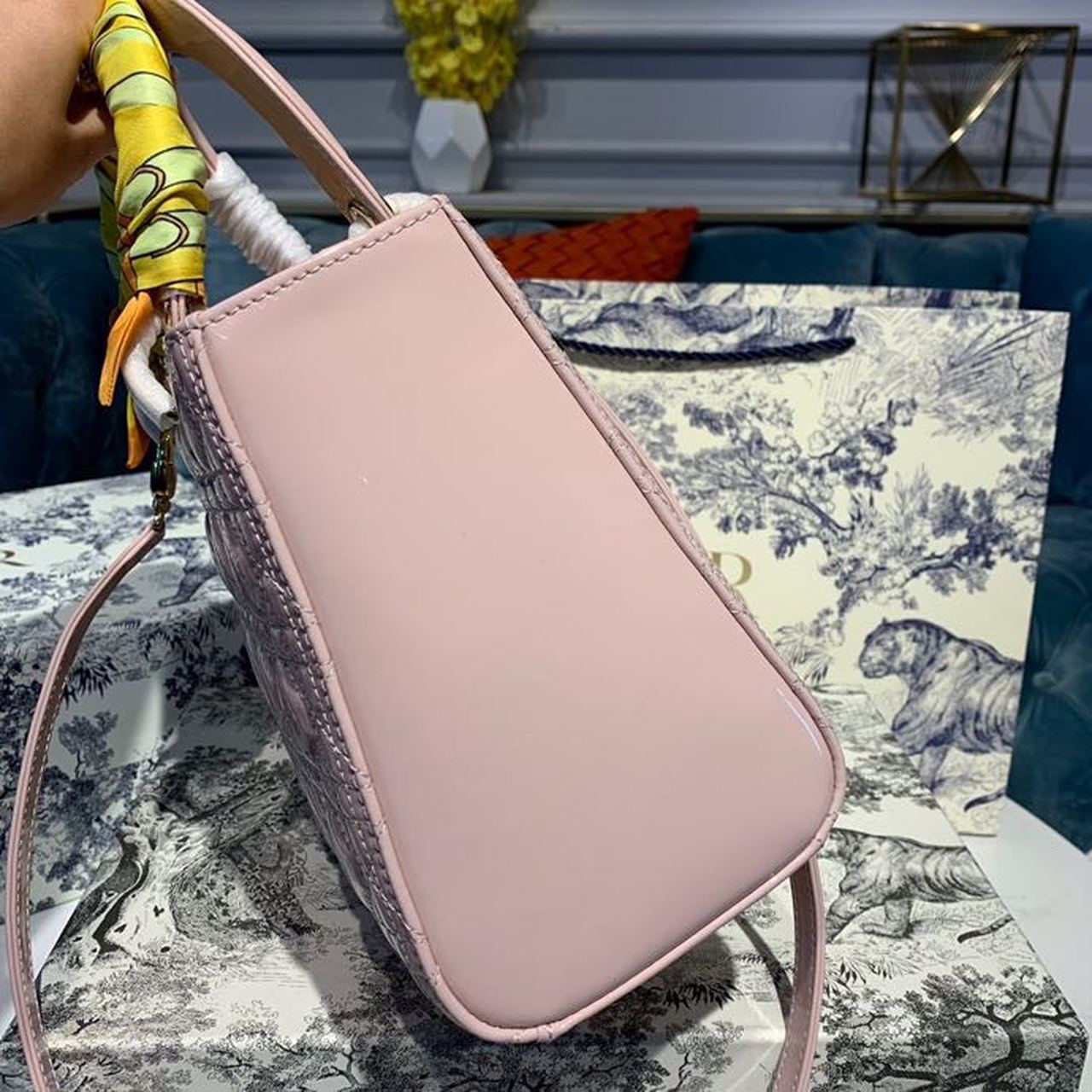 DI Medium Lady Bag Gold Toned Hardware Patent Light Pink For Women 24cm/9in CD