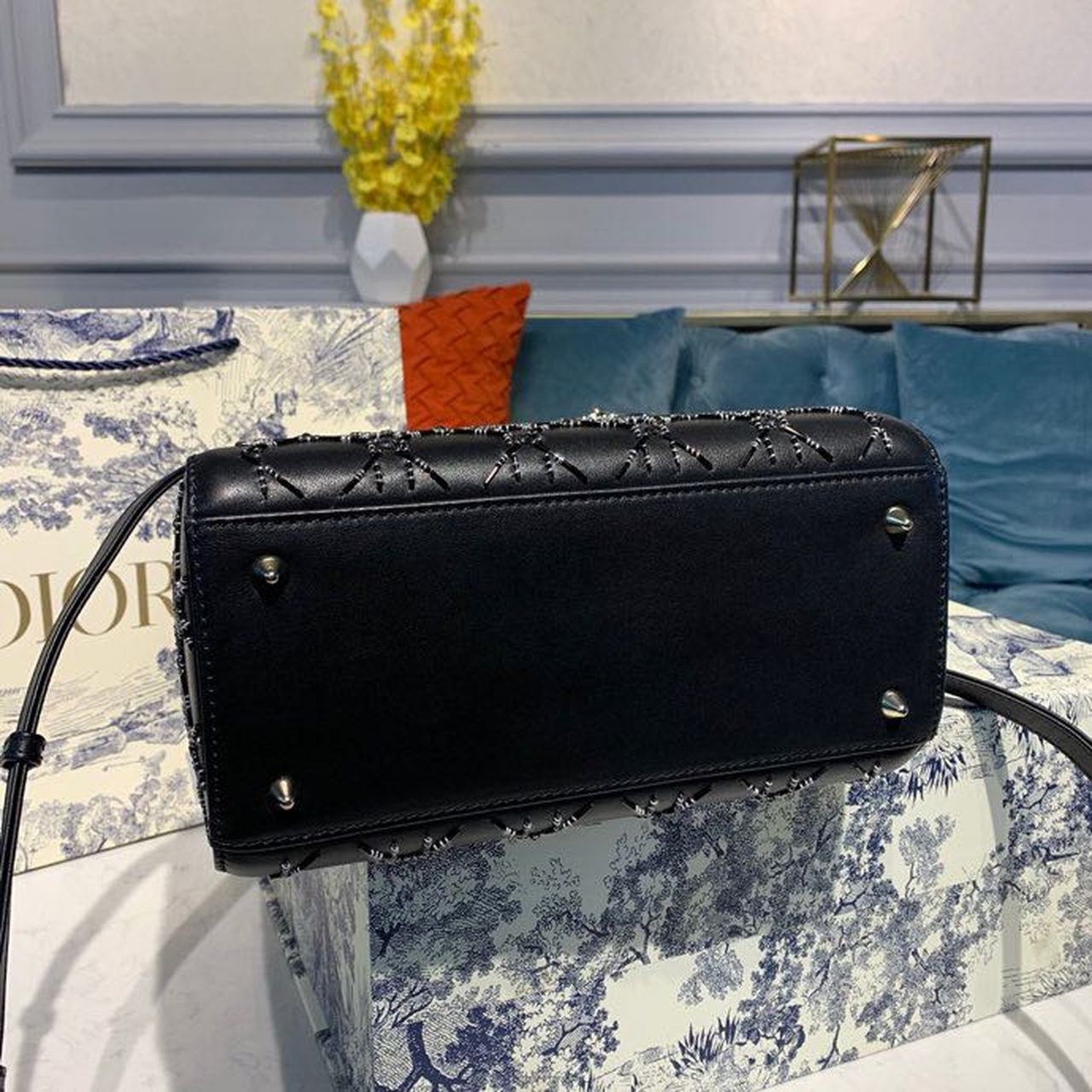 DI Medium Lady Bag Gold Toned Hardware Embroidered Black 24cm/9in CD