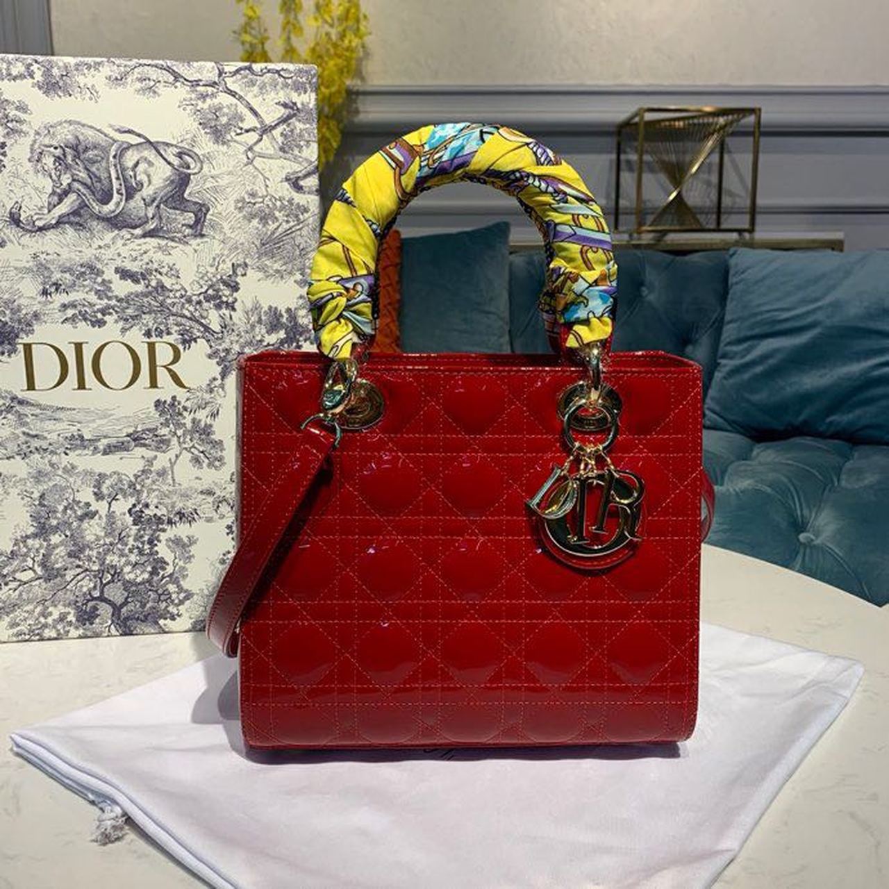 DI Medium Lady Bag Cherry Red Patent Cannage For Women 24cm/9in CD M0565OWCB_M323