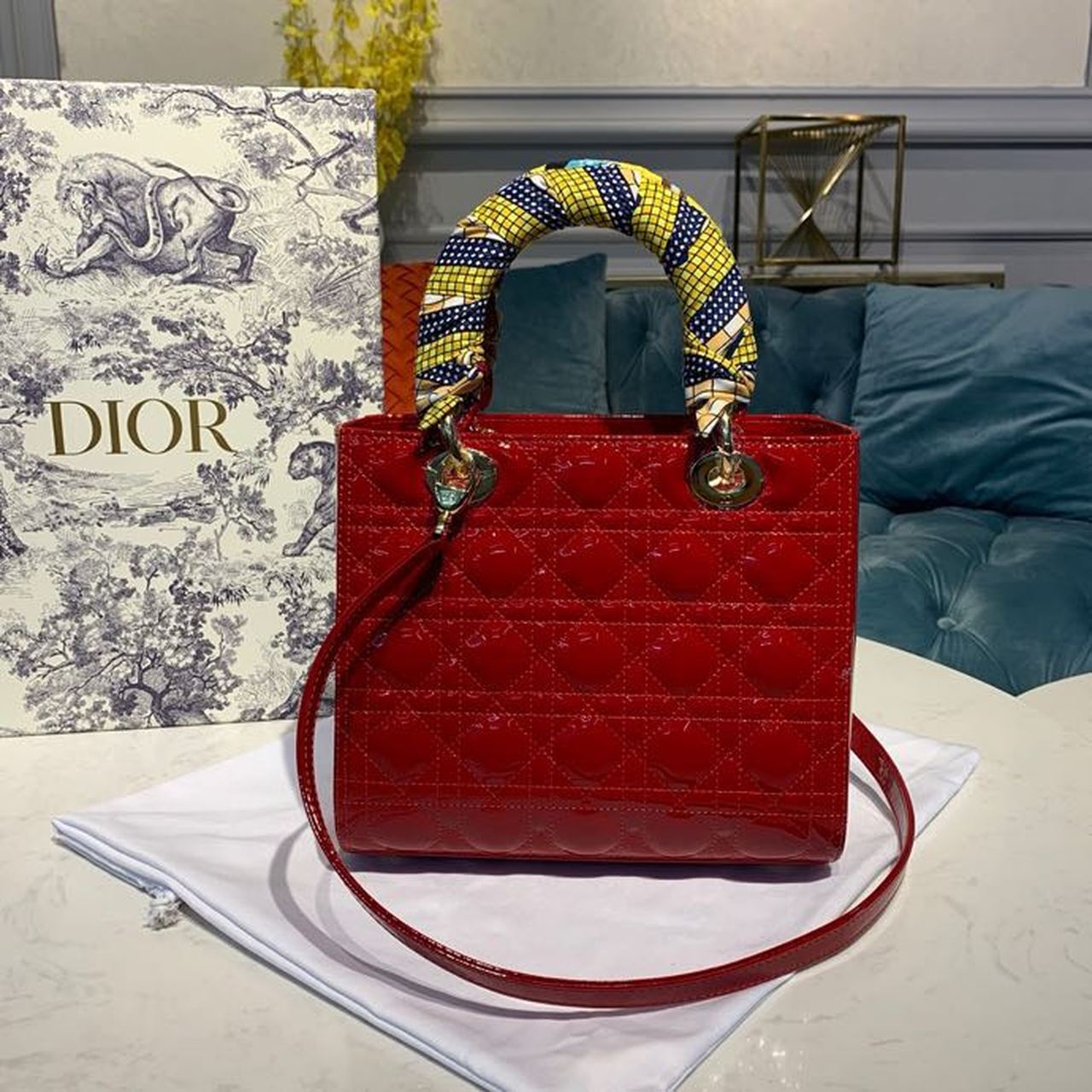 DI Medium Lady Bag Cherry Red Patent Cannage For Women 24cm/9in CD M0565OWCB_M323
