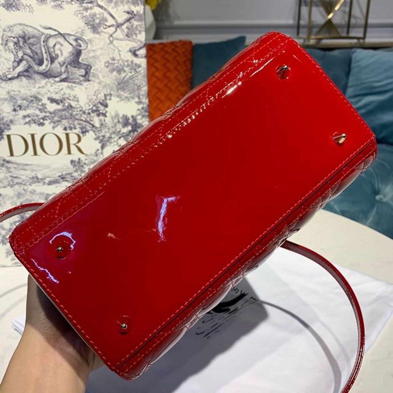 DI Medium Lady Bag Cherry Red Patent Cannage For Women 24cm/9in CD M0565OWCB_M323