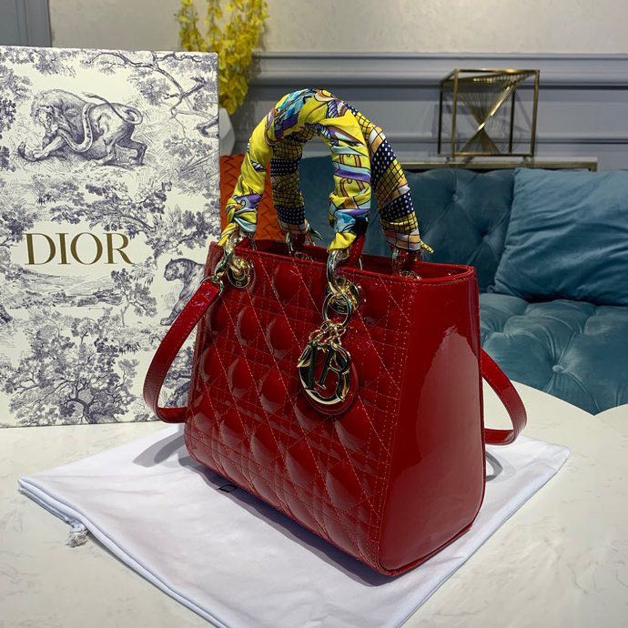 DI Medium Lady Bag Cherry Red Patent Cannage For Women 24cm/9in CD M0565OWCB_M323