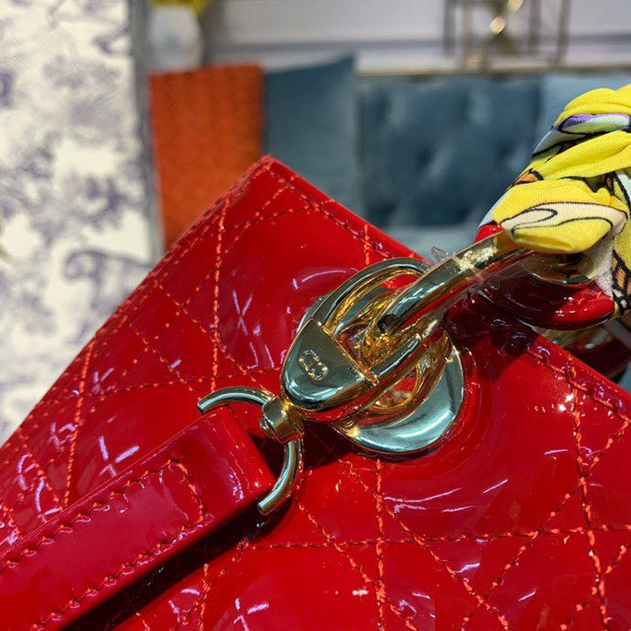 DI Medium Lady Bag Cherry Red Patent Cannage For Women 24cm/9in CD M0565OWCB_M323