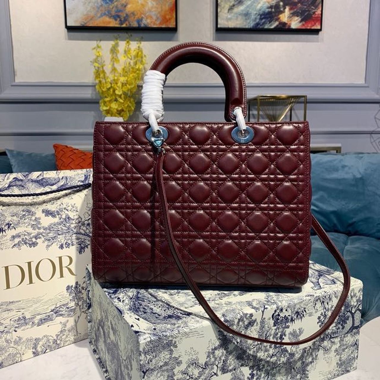 DI Large Lady Bag Silver Hardware Burgundy Cannage For Women 12.5in/32cm CD