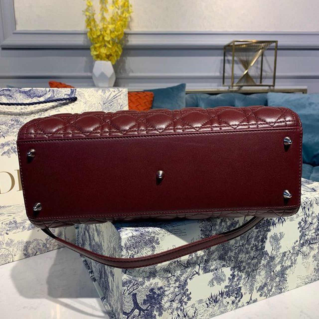 DI Large Lady Bag Silver Hardware Burgundy Cannage For Women 12.5in/32cm CD