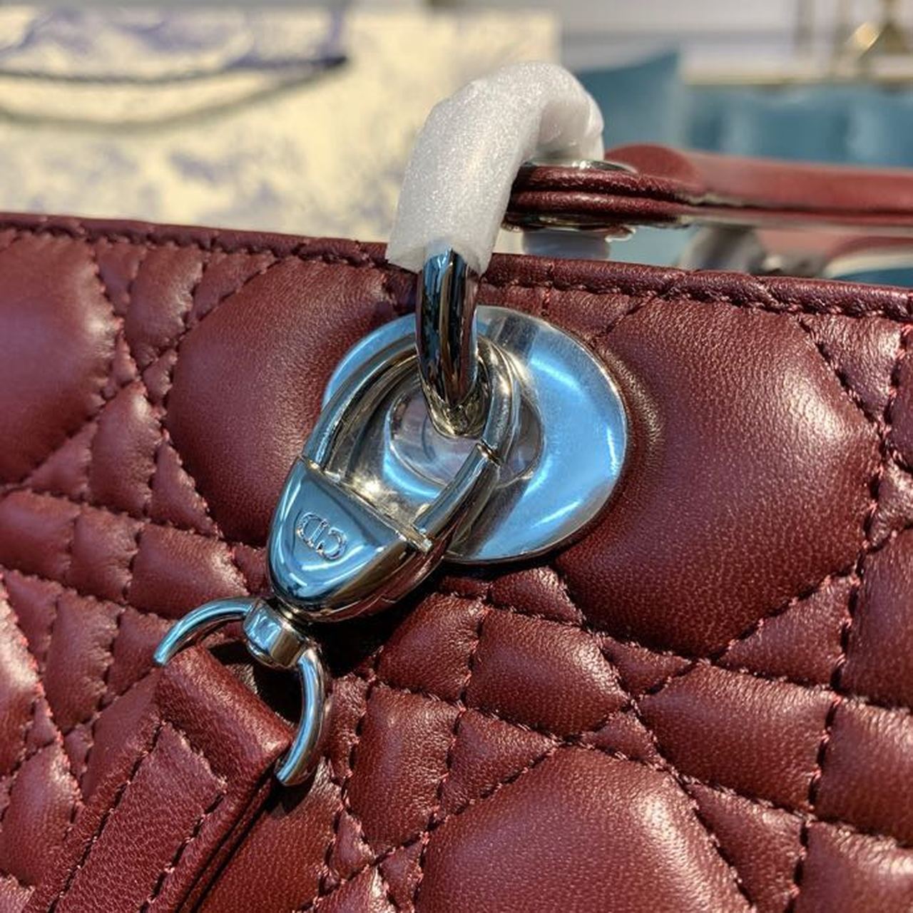 DI Large Lady Bag Silver Hardware Burgundy Cannage For Women 12.5in/32cm CD