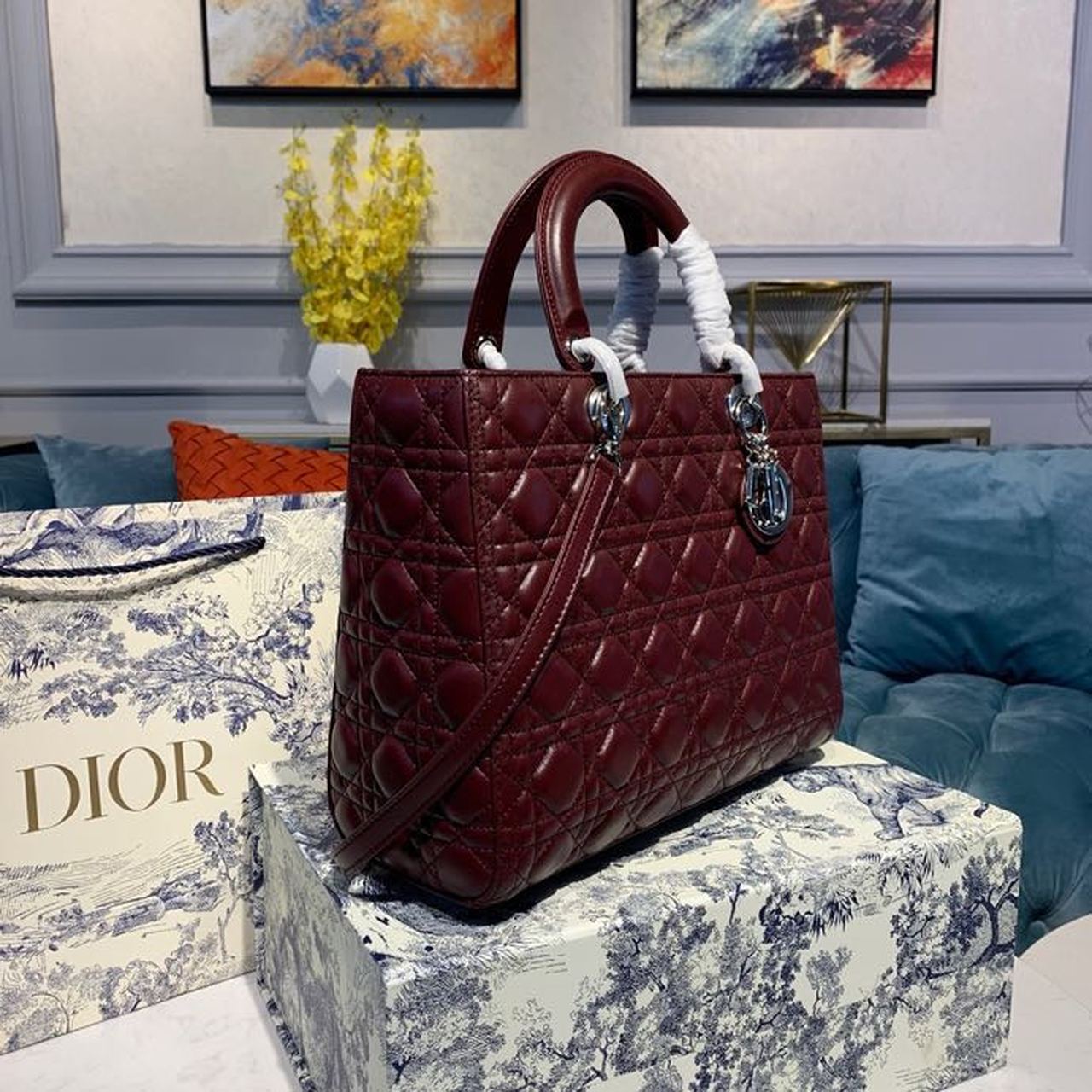 DI Large Lady Bag Silver Hardware Burgundy Cannage For Women 12.5in/32cm CD
