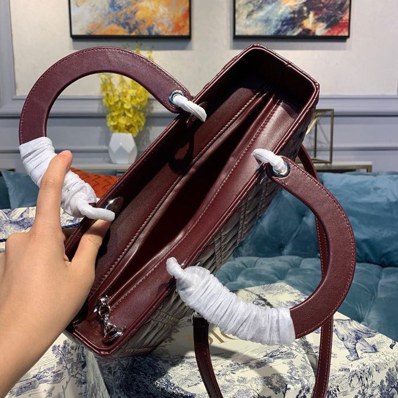 DI Large Lady Bag Silver Hardware Burgundy Cannage For Women 12.5in/32cm CD