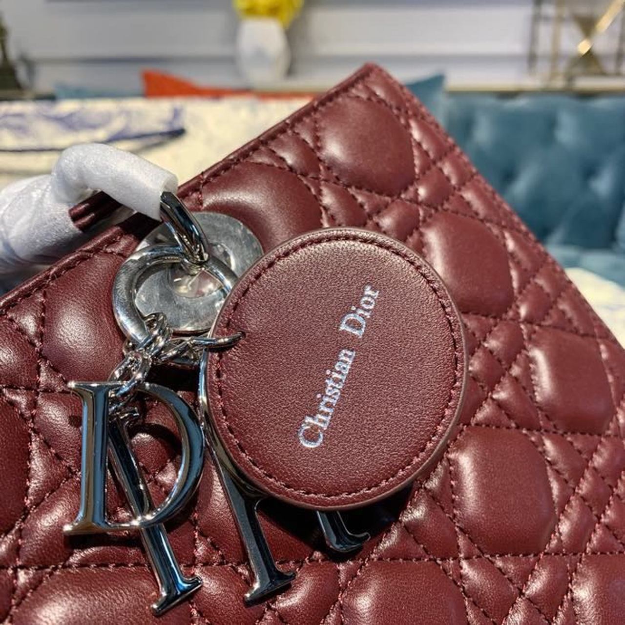 DI Large Lady Bag Silver Hardware Burgundy Cannage For Women 12.5in/32cm CD