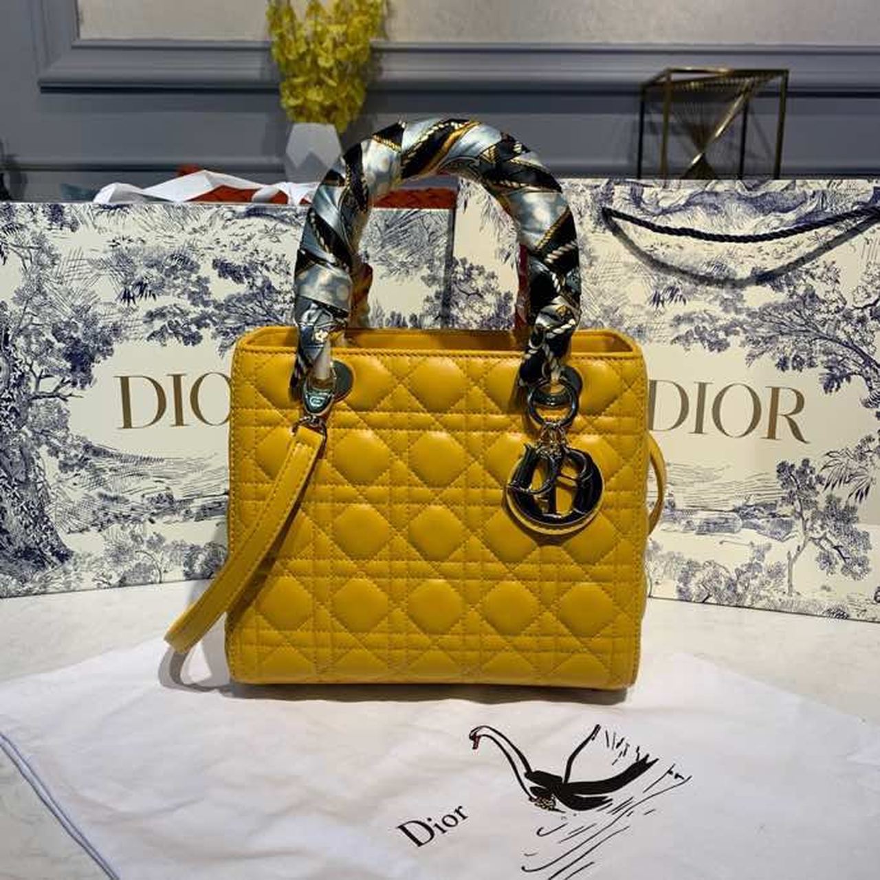 DI Medium Lady Bag Silver Hardware Yellow For Women 9.5in/24cm CD