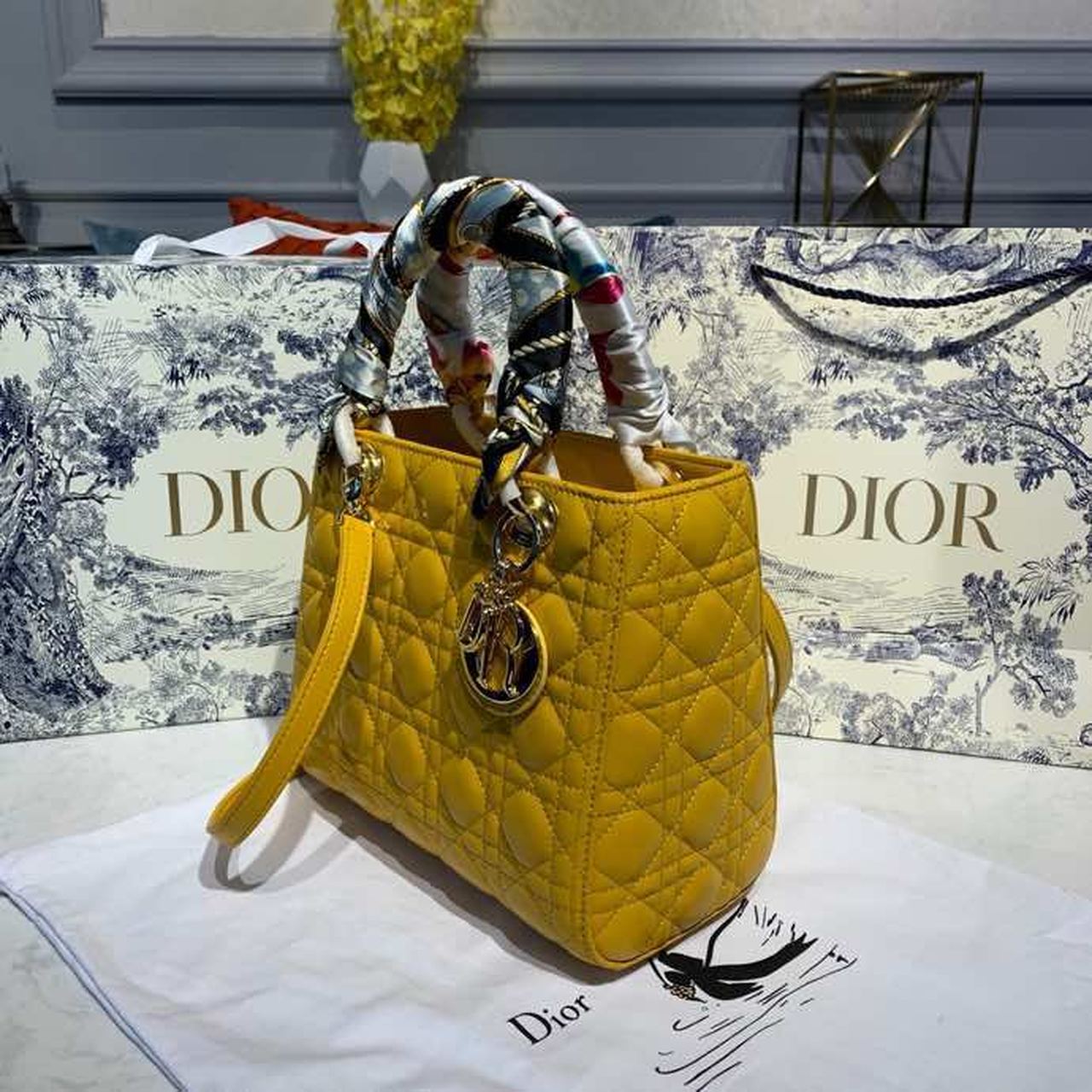 DI Medium Lady Bag Silver Hardware Yellow For Women 9.5in/24cm CD