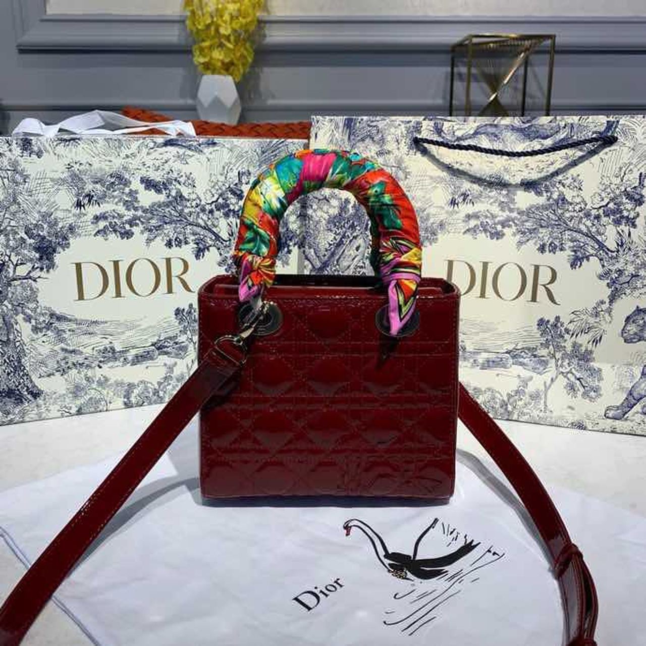 DI Small Lady Bag Gold Toned Hardware Burgundy Patent For Women 8in/20cm CD