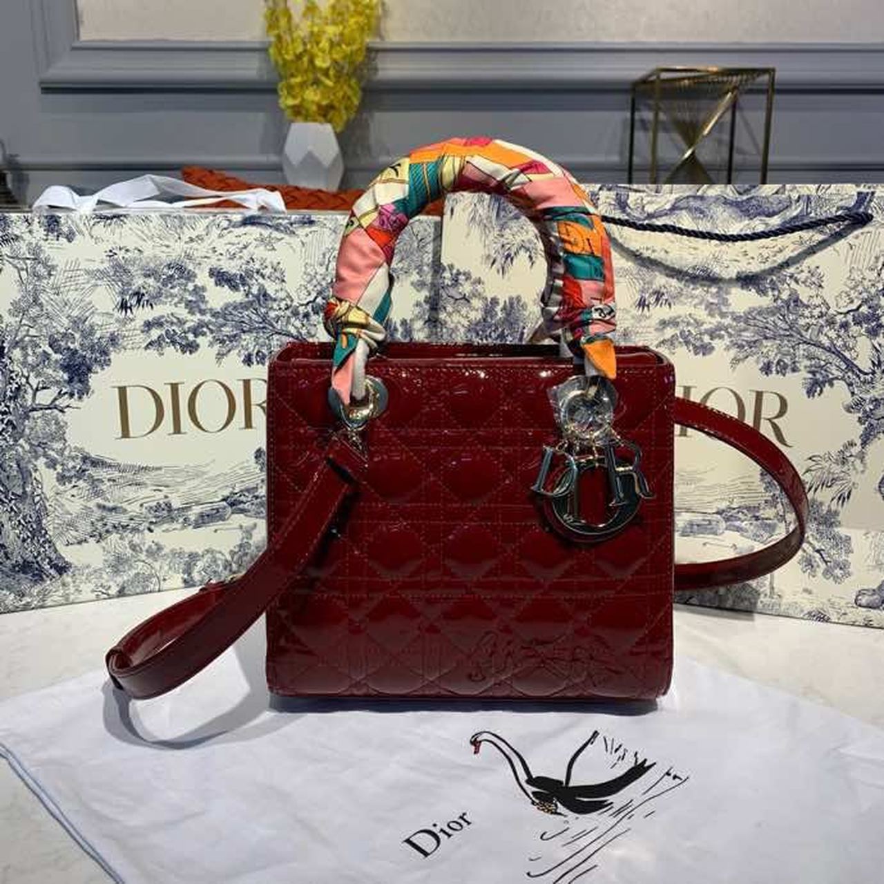 DI Medium Lady Bag Gold Toned Hardware Burgundy Patent For Women 9.5in/24cm CD