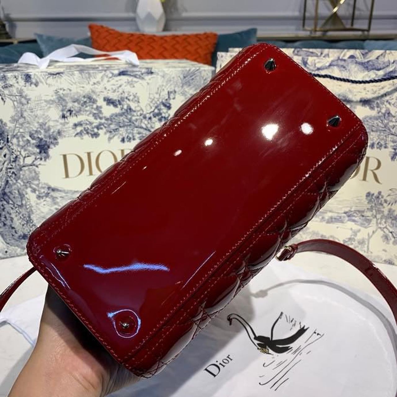 DI Medium Lady Bag Gold Toned Hardware Burgundy Patent For Women 9.5in/24cm CD