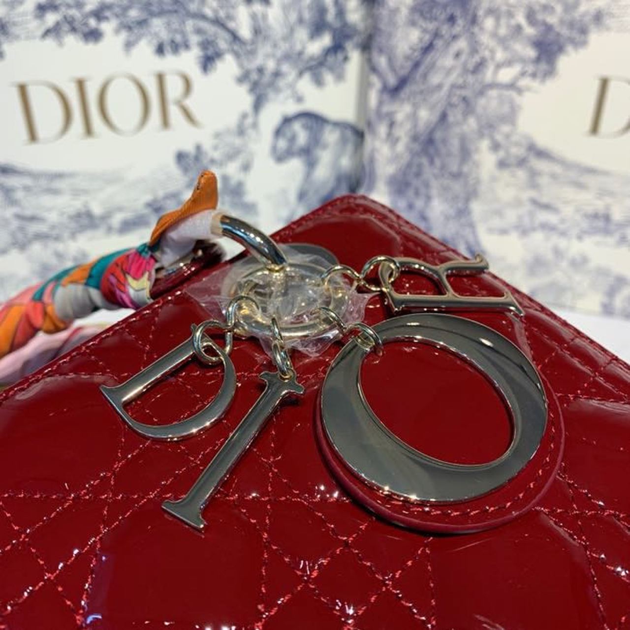 DI Medium Lady Bag Gold Toned Hardware Burgundy Patent For Women 9.5in/24cm CD