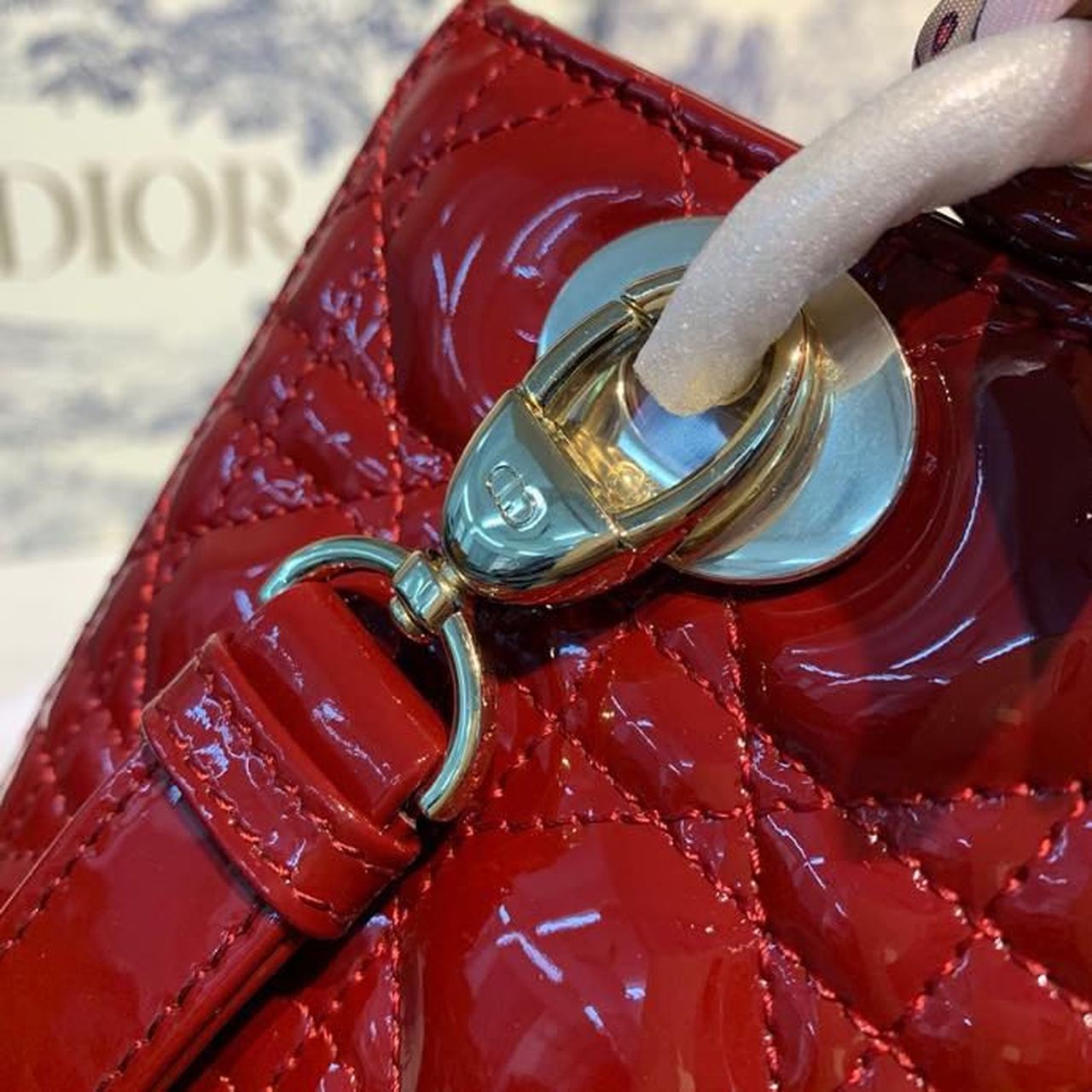 DI Medium Lady Bag Gold Toned Hardware Burgundy Patent For Women 9.5in/24cm CD