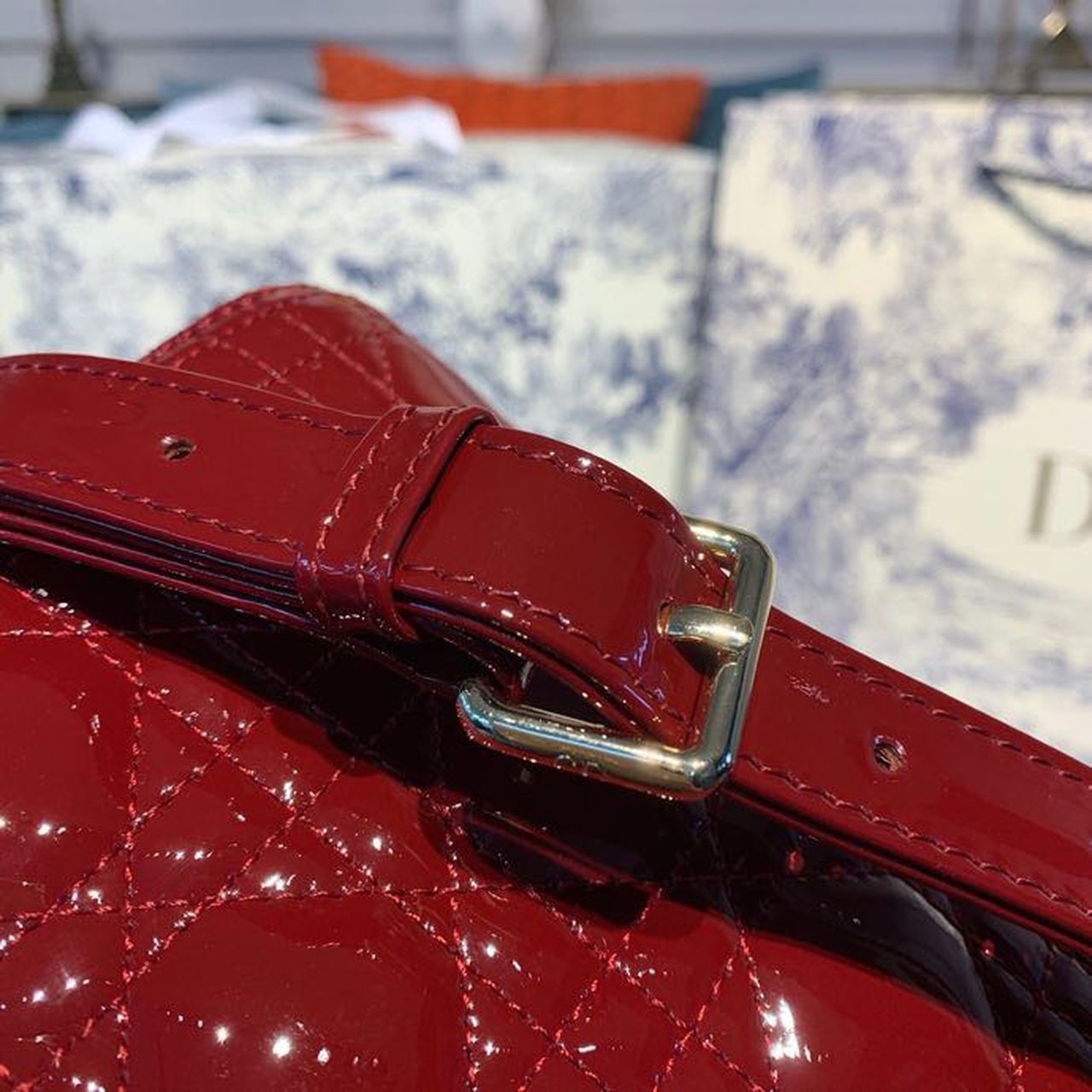 DI Medium Lady Bag Gold Toned Hardware Burgundy Patent For Women 9.5in/24cm CD