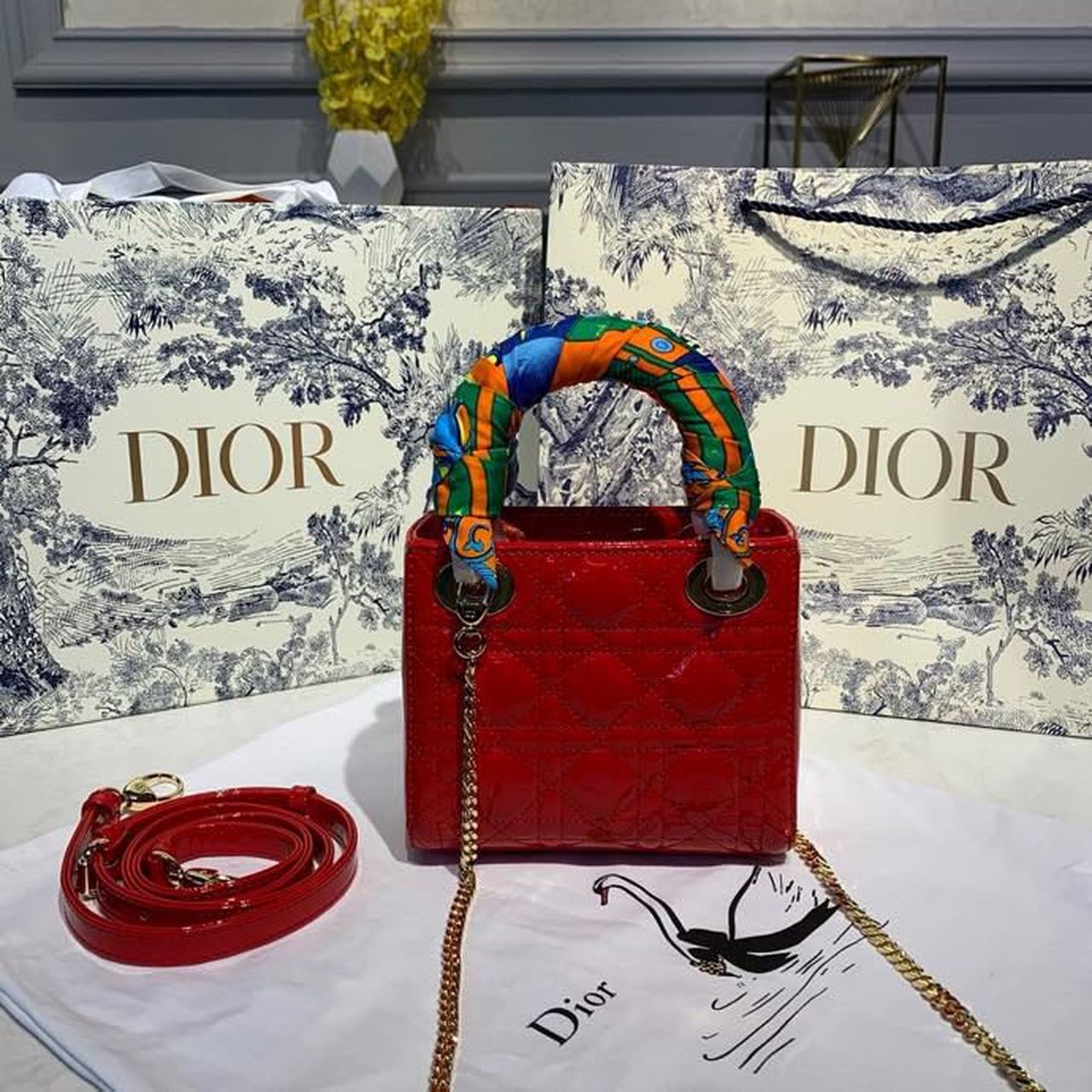 DI Mini Lady Bag with Chain Silver Hardware Spring/Summer Collection, Red, For Women Women’s Handbags, 18cm CD