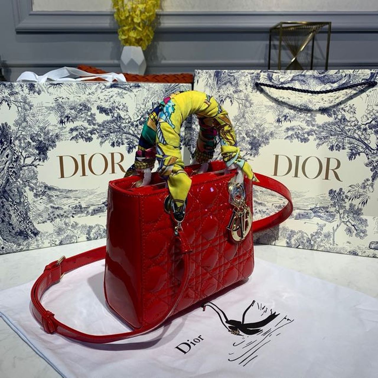 DI Small Lady Bag Gold Toned Hardware Cherry Red Patent For Women 8in/20cm CD M0531OWCB_M323