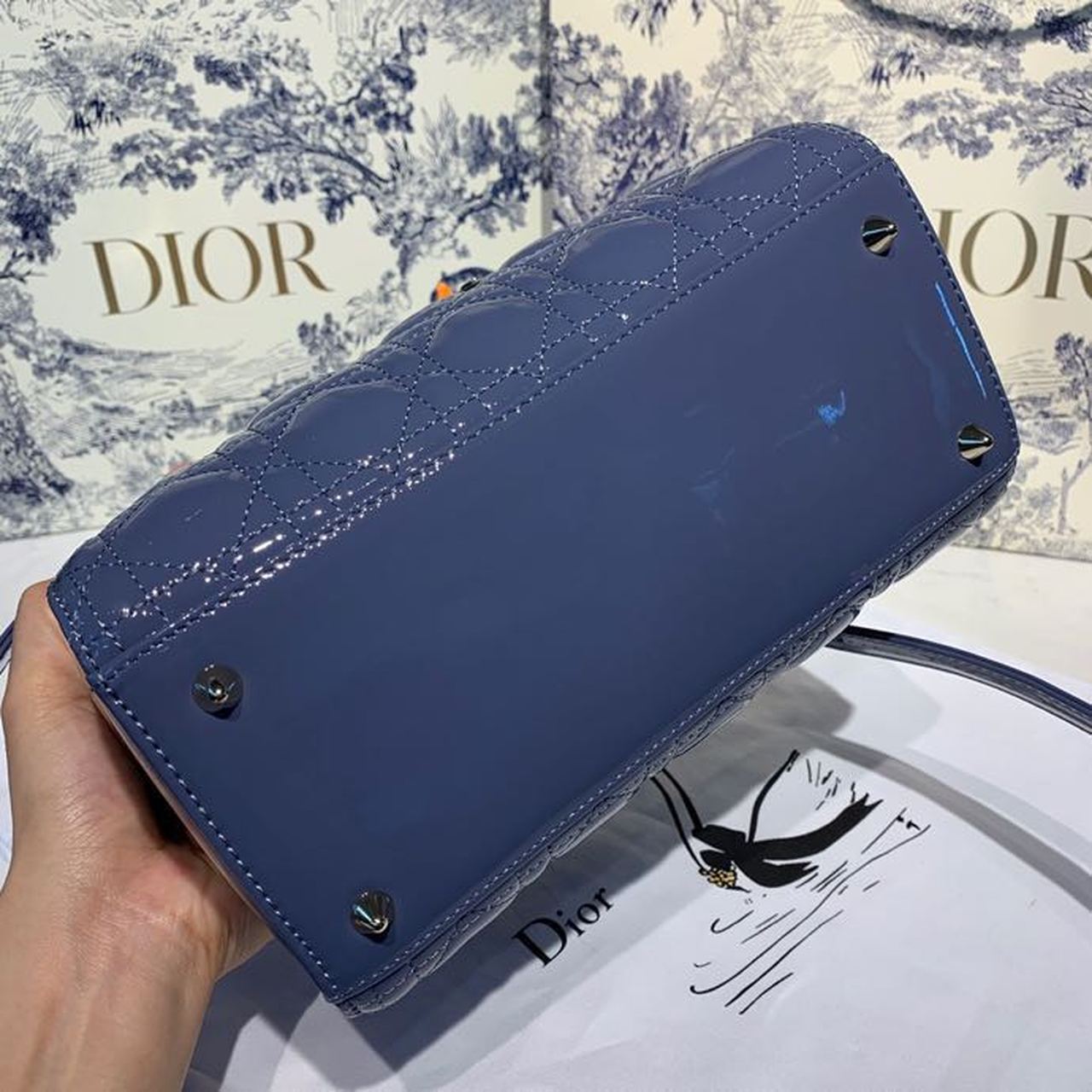 DI Medium Lady Bag Silver Hardware Deep Blue Patent For Women 9.5in/24cm CD