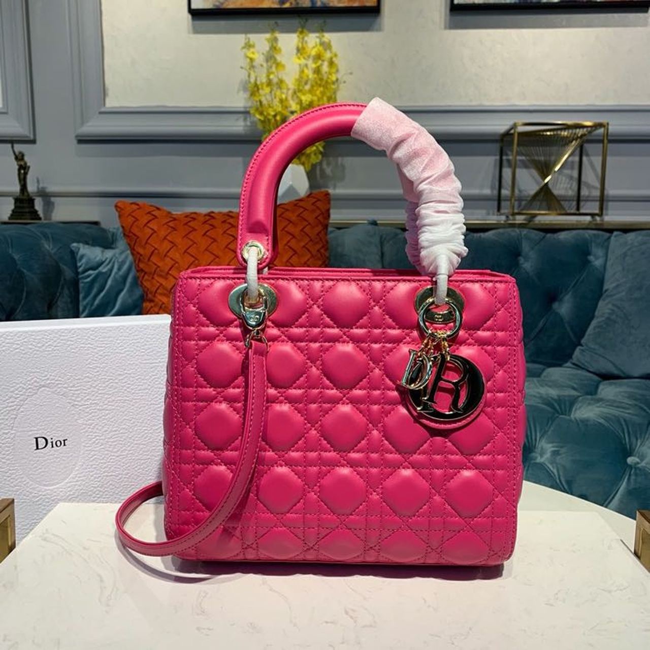 DI Medium Lady Bag Gold Toned Hardware Hot Pink For Women 9.5in/24cm CD