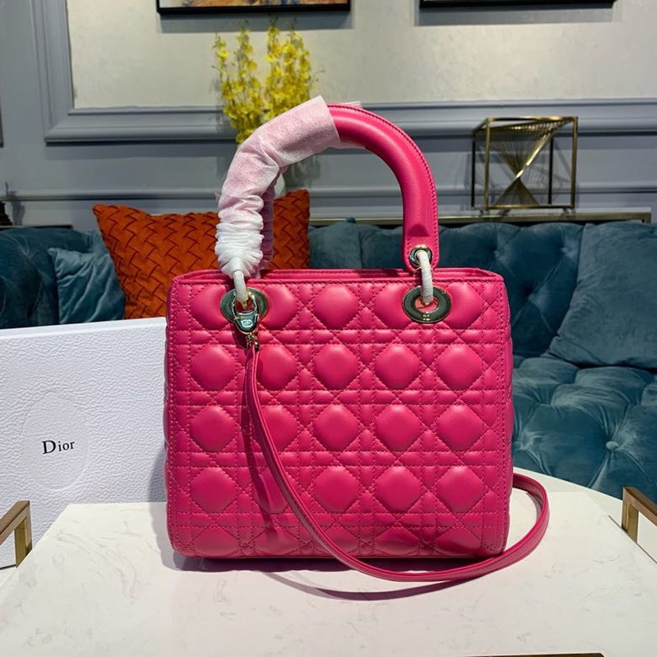 DI Medium Lady Bag Gold Toned Hardware Hot Pink For Women 9.5in/24cm CD