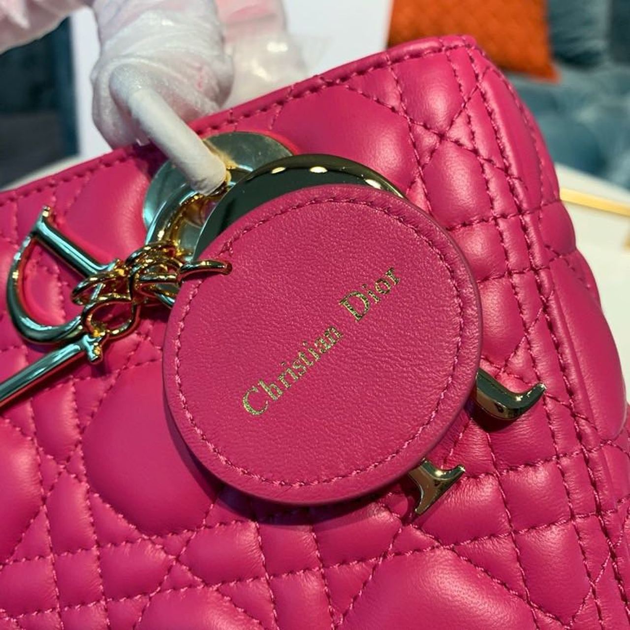 DI Medium Lady Bag Gold Toned Hardware Hot Pink For Women 9.5in/24cm CD