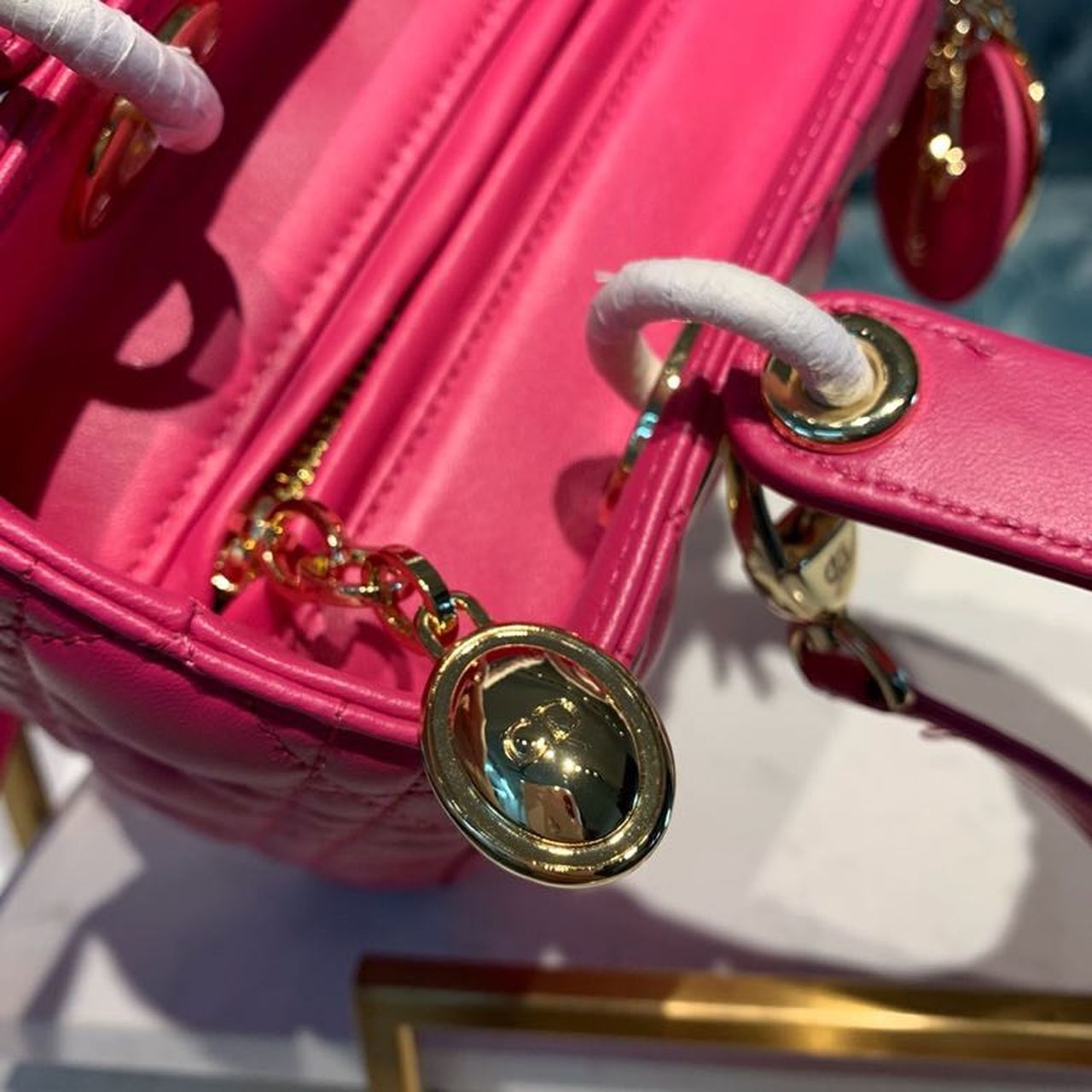 DI Medium Lady Bag Gold Toned Hardware Hot Pink For Women 9.5in/24cm CD