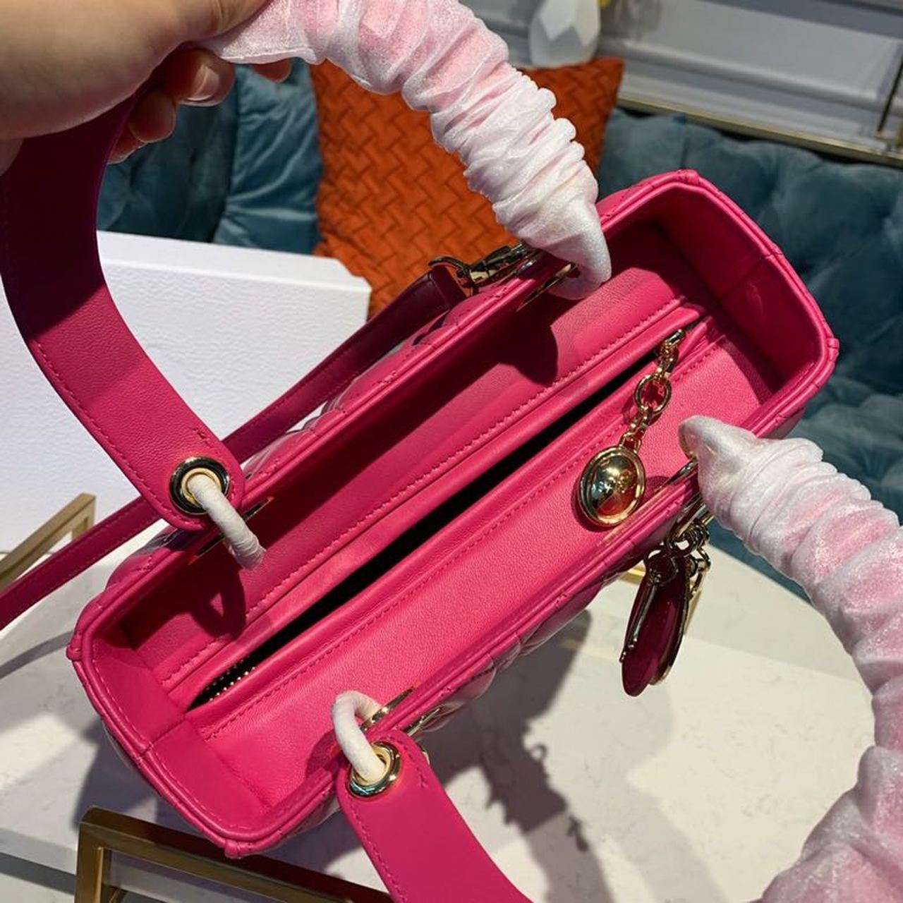 DI Medium Lady Bag Gold Toned Hardware Hot Pink For Women 9.5in/24cm CD