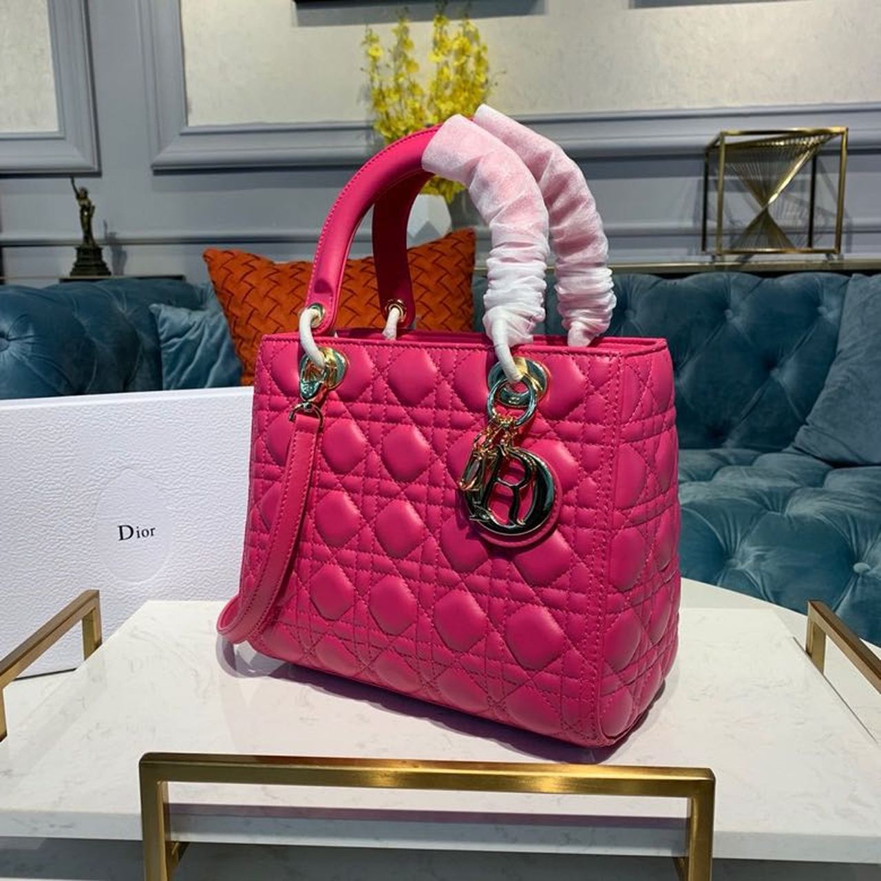 DI Medium Lady Bag Gold Toned Hardware Hot Pink For Women 9.5in/24cm CD