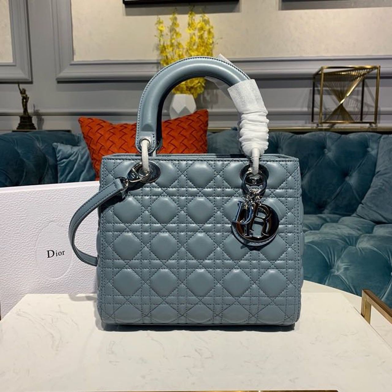 DI Medium Lady Bag Silver Hardware Cloud Blue For Women 9.5in/24cm CD