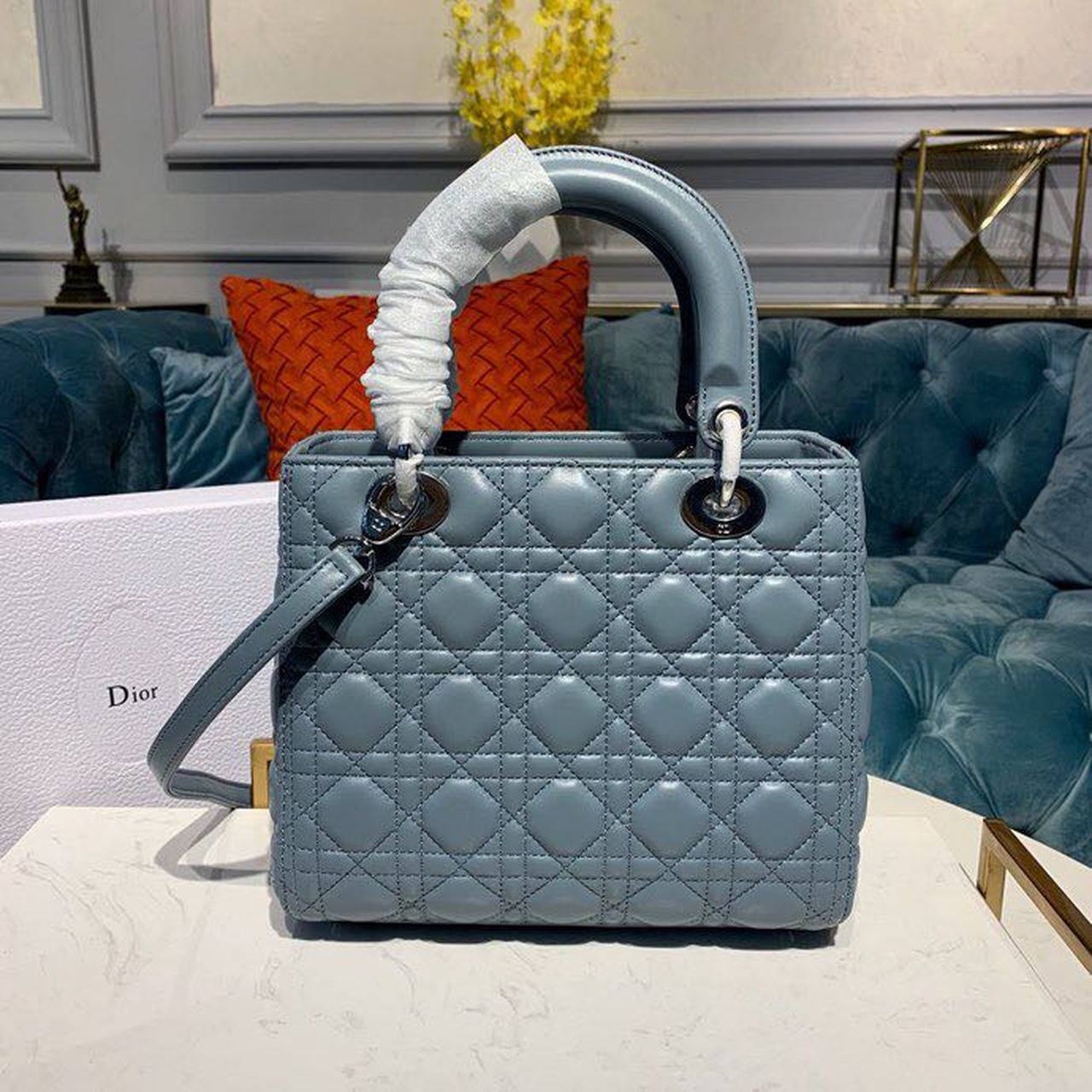DI Medium Lady Bag Silver Hardware Cloud Blue For Women 9.5in/24cm CD