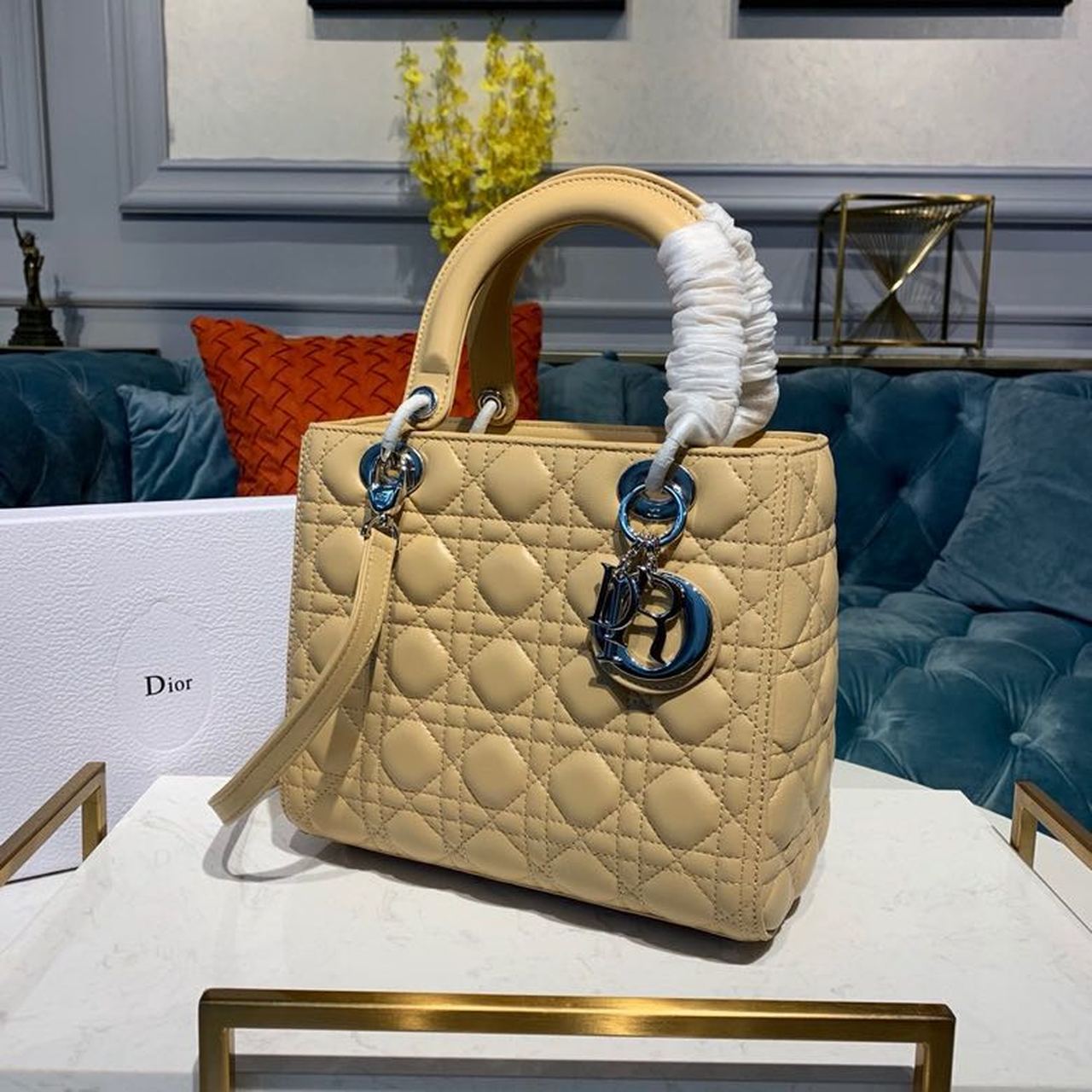 DI Medium Lady Bag Silver Hardware Pale Yellow For Women 9.5in/24cm CD