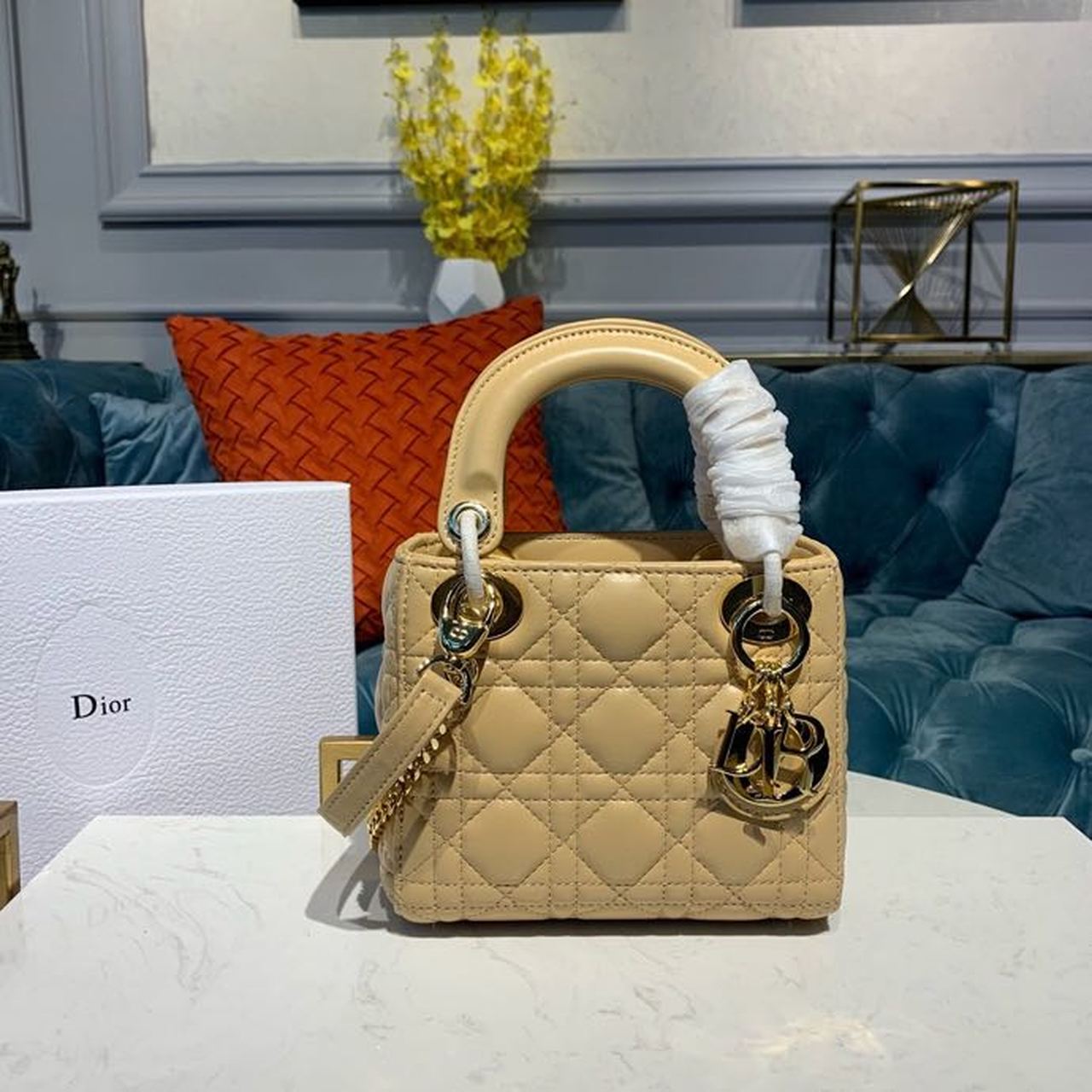 DI Mini Lady Bag with Chain Gold Toned Hardware Pale Yellow For Women 6.5in/17cm CD
