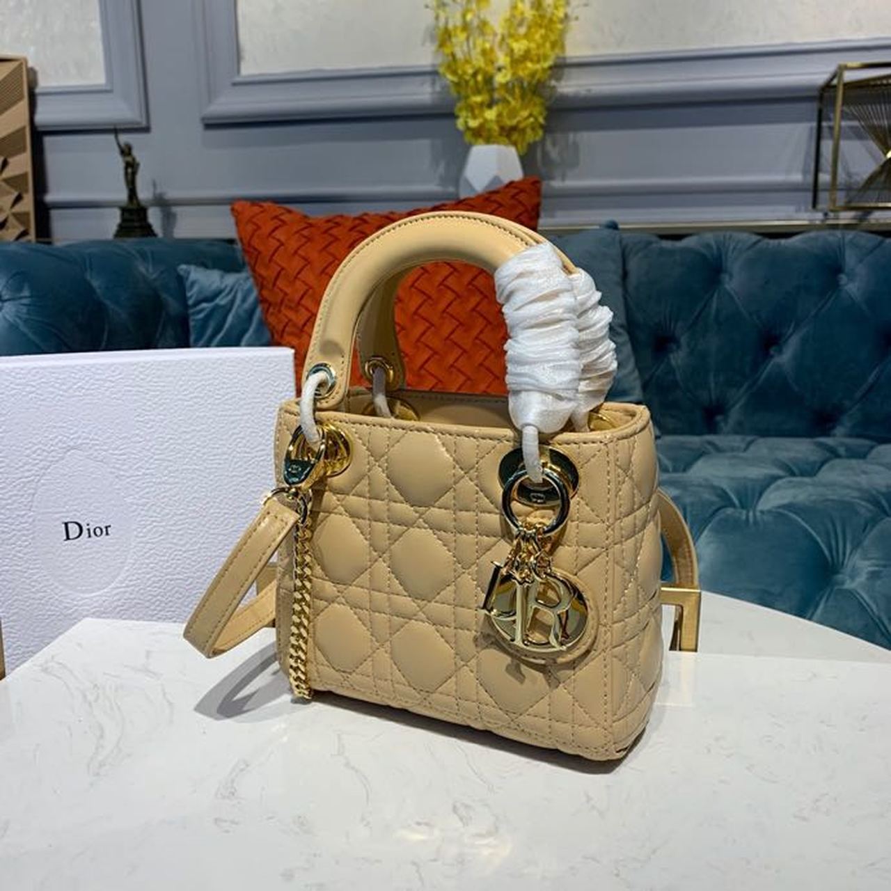 DI Mini Lady Bag with Chain Gold Toned Hardware Pale Yellow For Women 6.5in/17cm CD