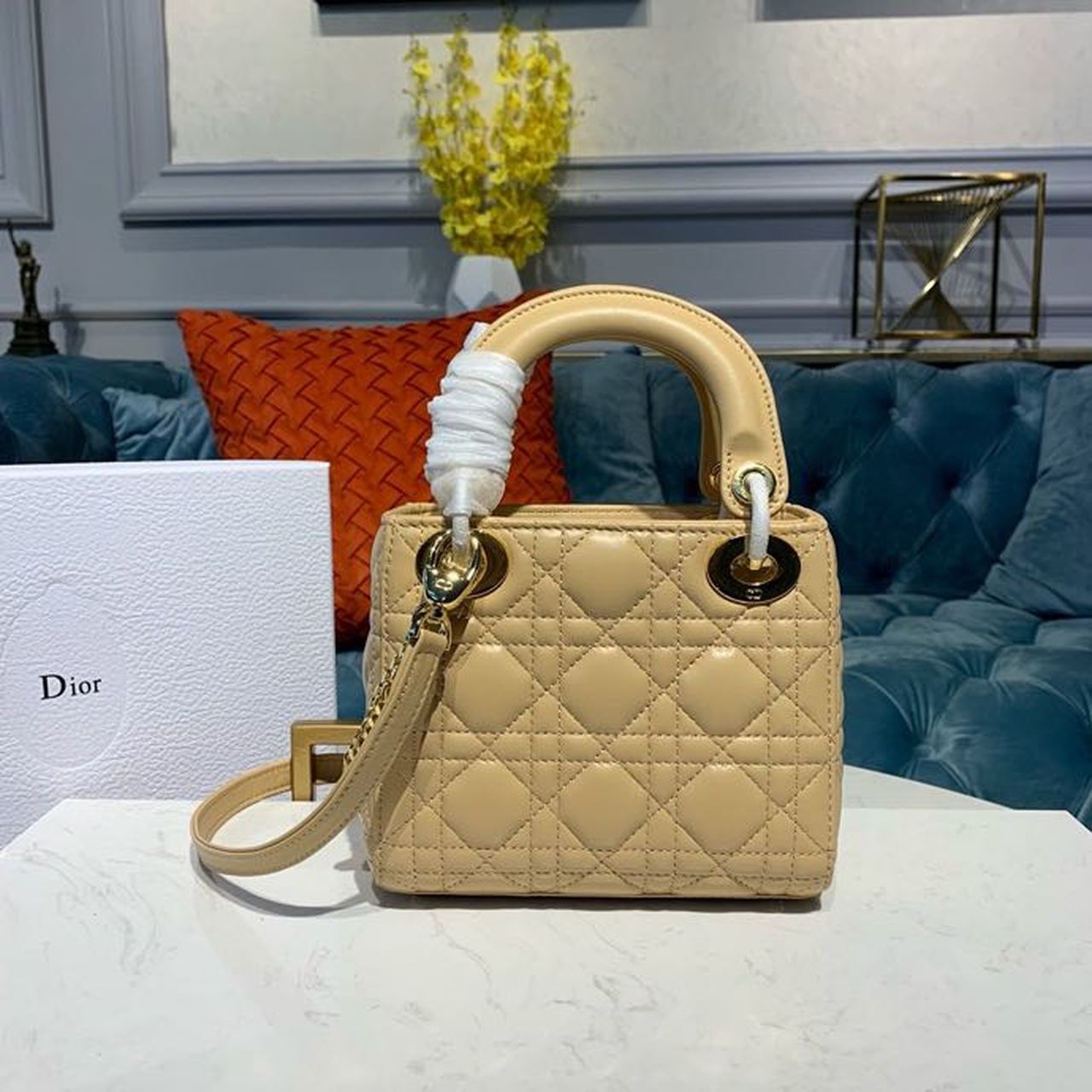 DI Mini Lady Bag with Chain Gold Toned Hardware Pale Yellow For Women 6.5in/17cm CD