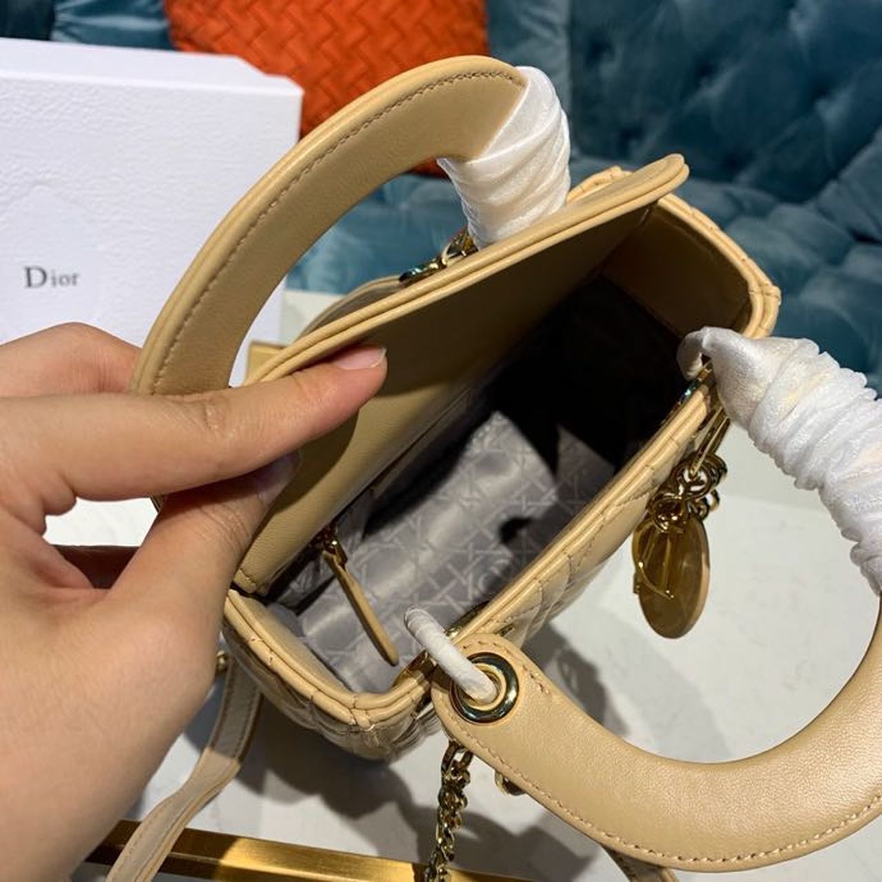DI Mini Lady Bag with Chain Gold Toned Hardware Pale Yellow For Women 6.5in/17cm CD
