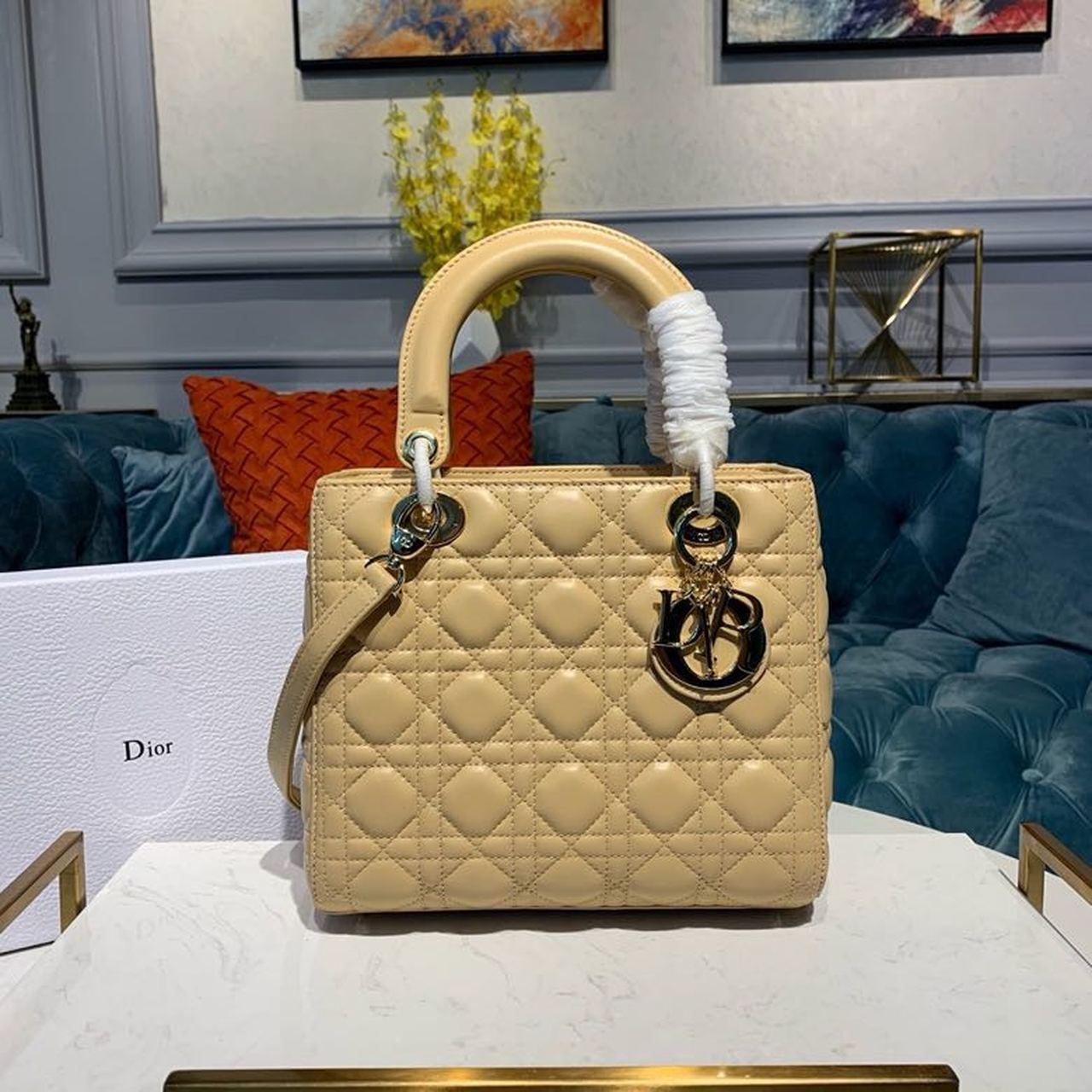 DI Medium Lady Bag Gold Toned Hardware Pale Yellow For Women 9.5in/24cm CD
