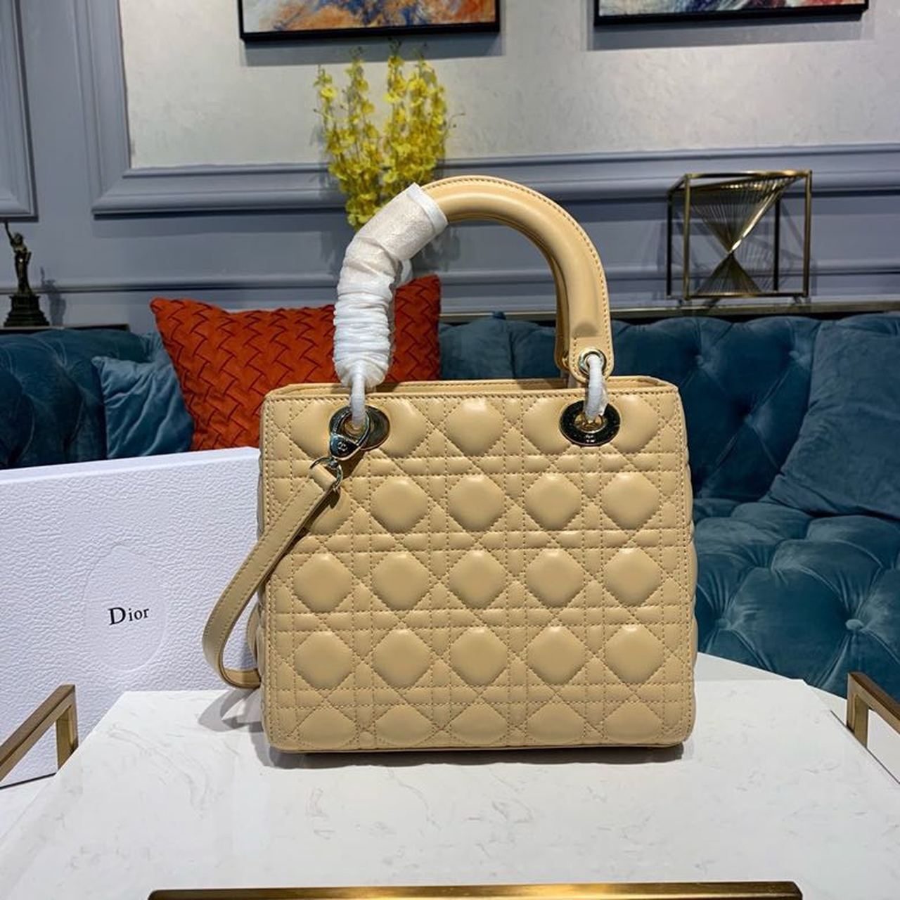 DI Medium Lady Bag Gold Toned Hardware Pale Yellow For Women 9.5in/24cm CD