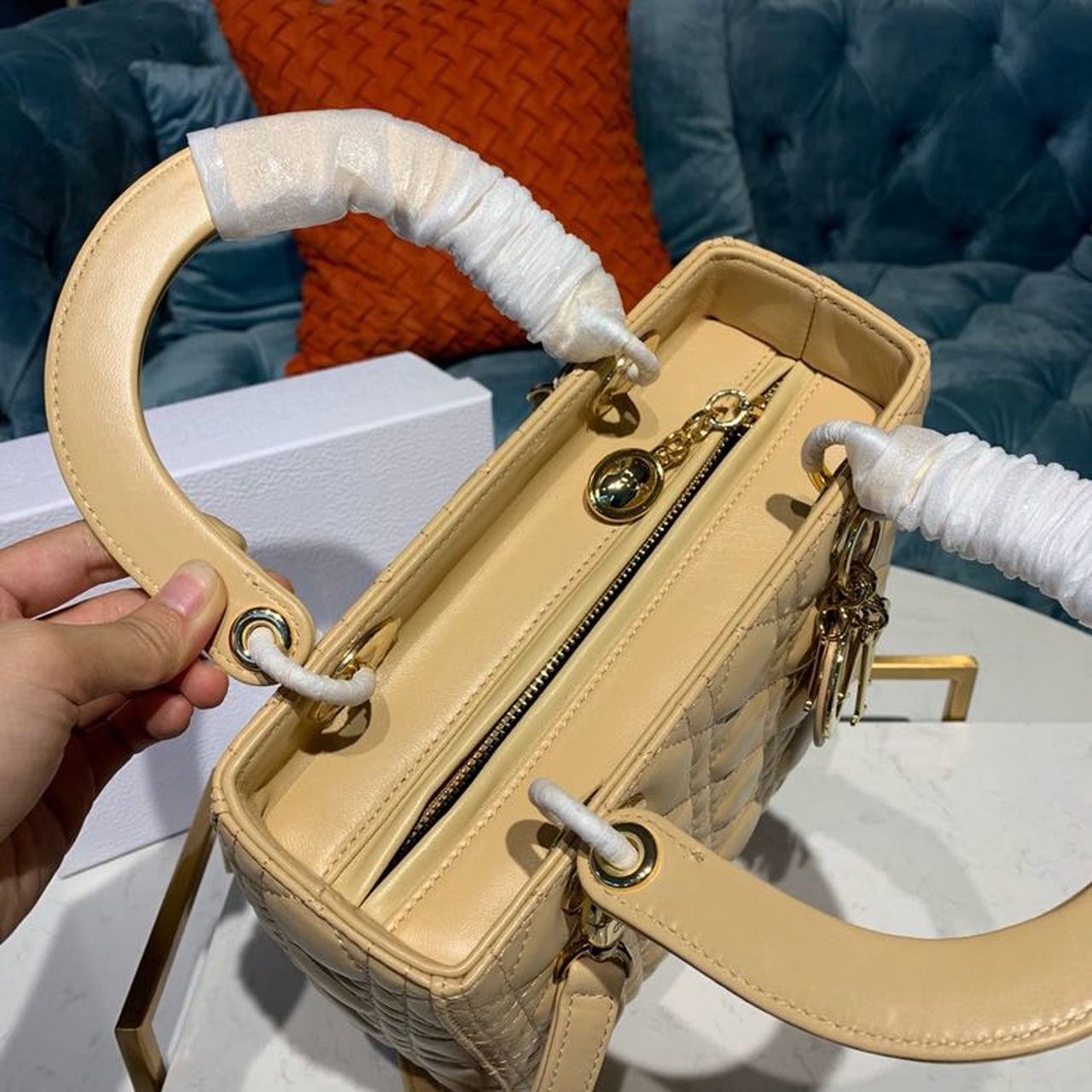 DI Medium Lady Bag Gold Toned Hardware Pale Yellow For Women 9.5in/24cm CD