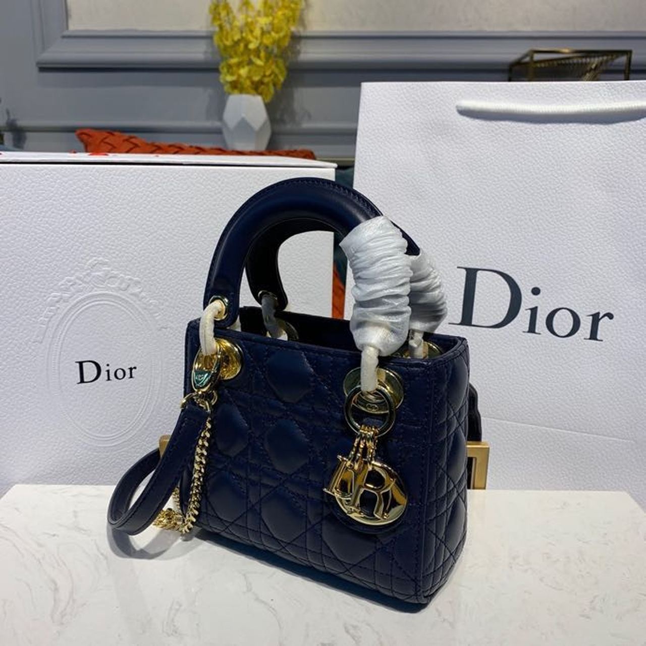 DI Mini Lady Bag with Chain Gold Toned Hardware Navy Blue For Women 6.5in/17cm CD