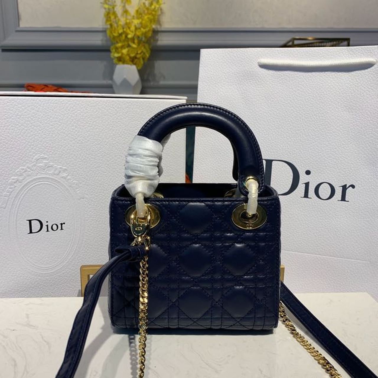 DI Mini Lady Bag with Chain Gold Toned Hardware Navy Blue For Women 6.5in/17cm CD