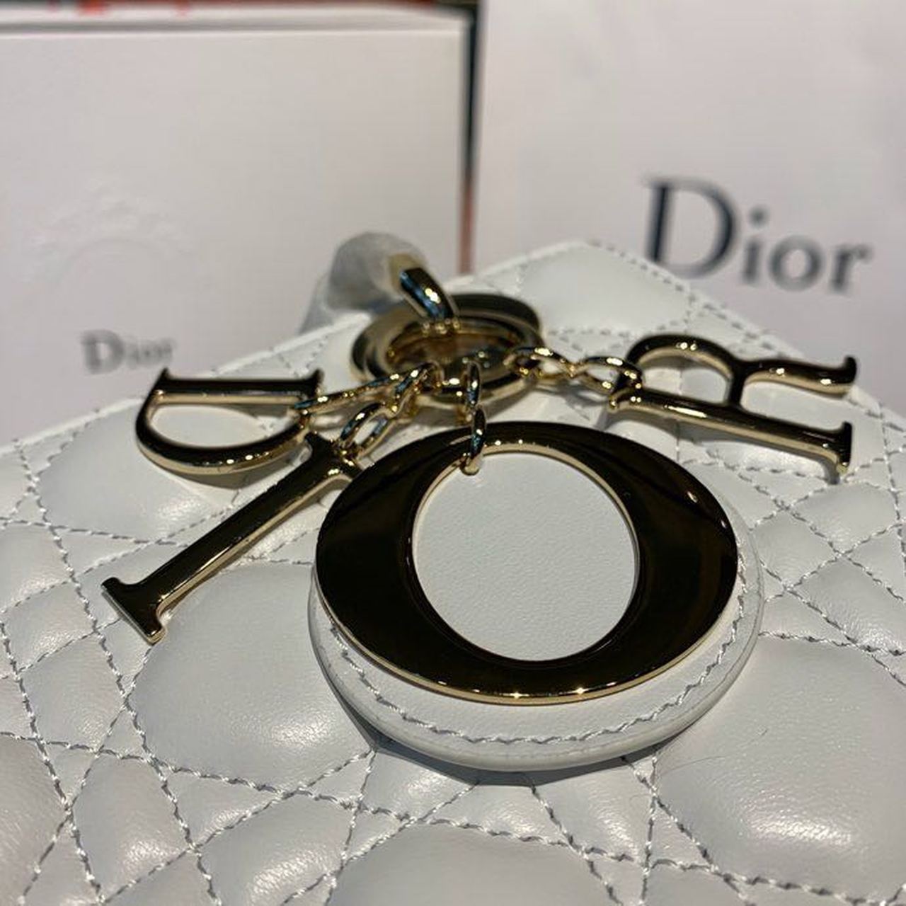 DI Small Lady Bag Gold Toned Hardware White For Women 8in/20cm CD