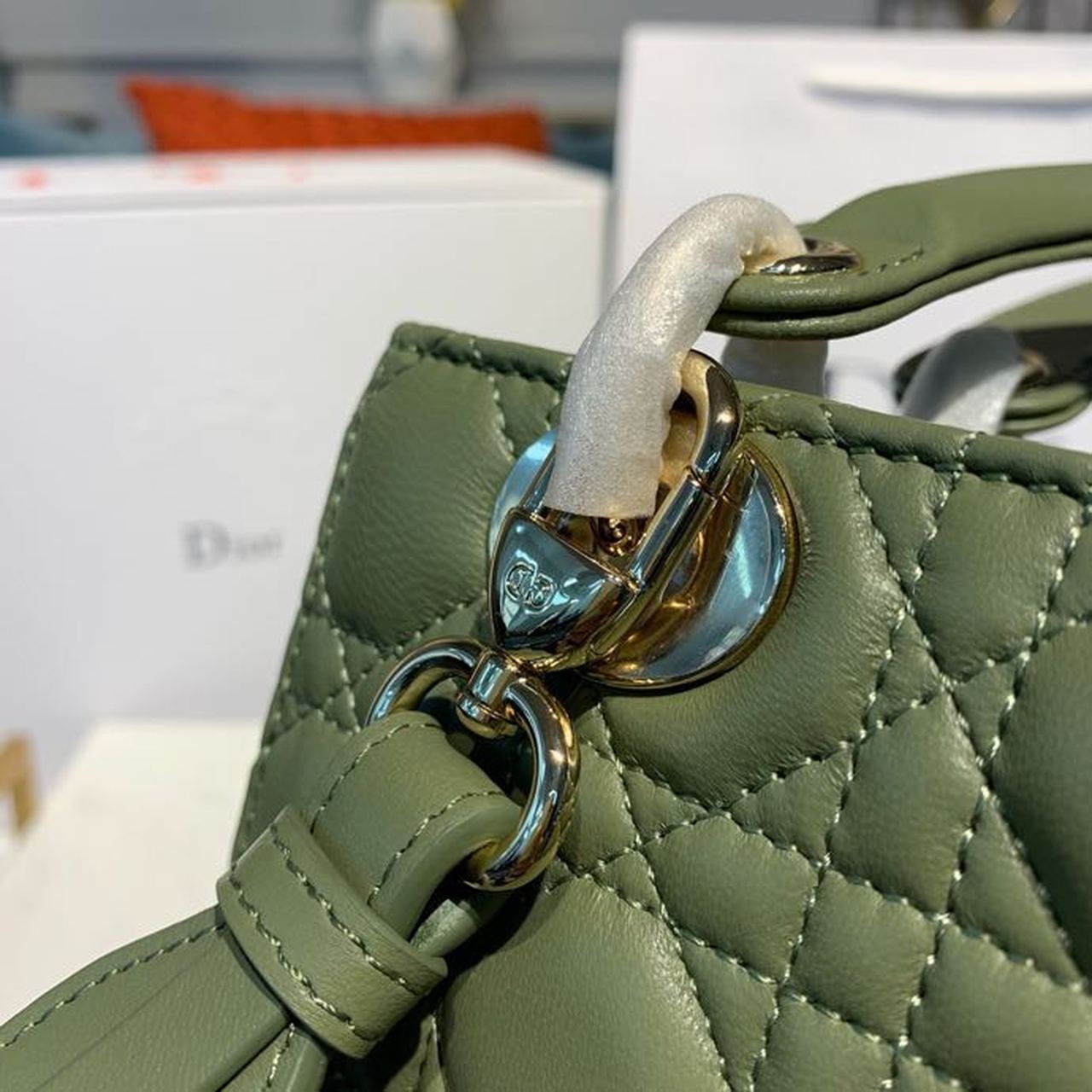 DI Small Lady Bag Gold Toned Hardware Olive Green For Women 8in/20cm CD
