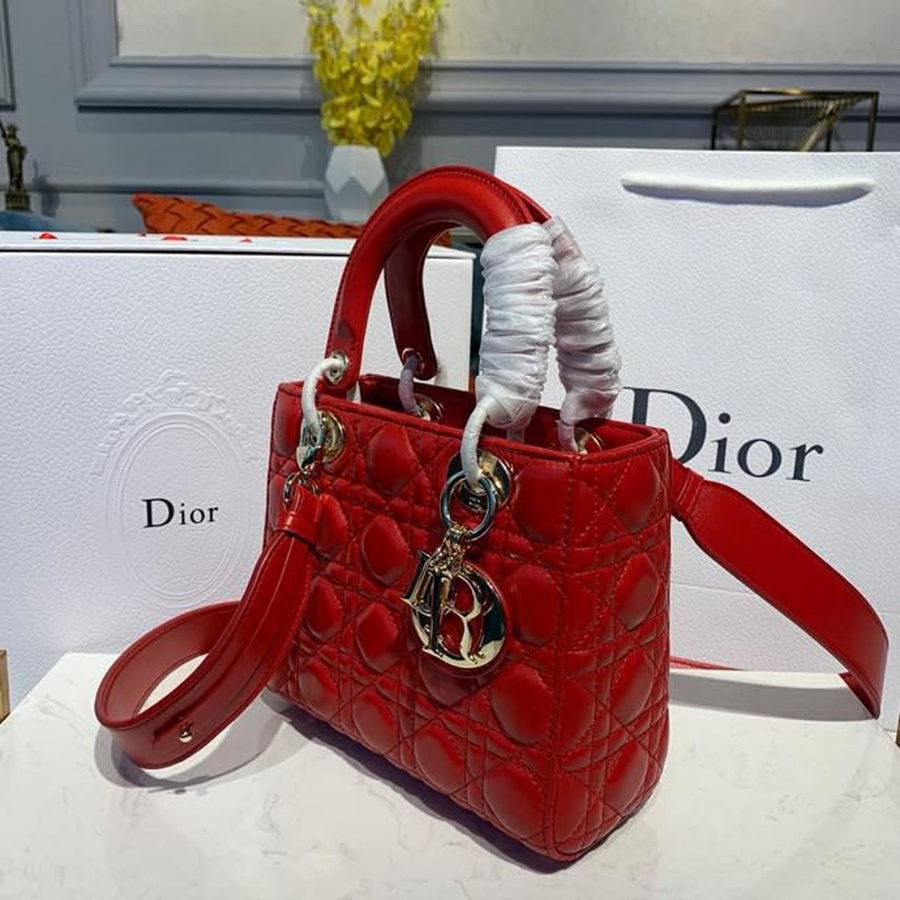 DI Small Lady Bag Red Patent Gold Toned Hardware For Women 8in/20cm CD