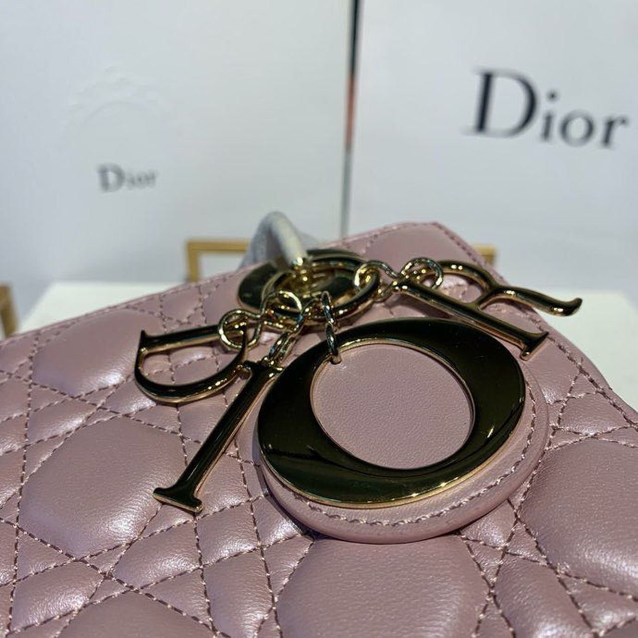 DI Small Lady Bag Gold Toned Hardware Powder Pink Cannage Pink For Women 8in/20cm CD