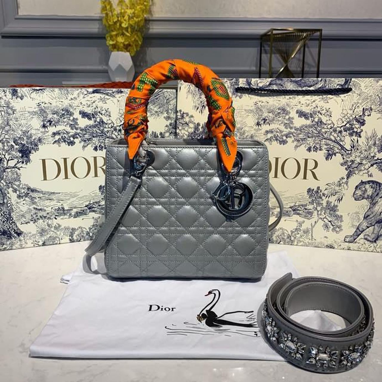 DI Medium Lady Bag Silver Hardware with Embellished Bag Strap Pearl Grey For Women 9.5in/24cm CD