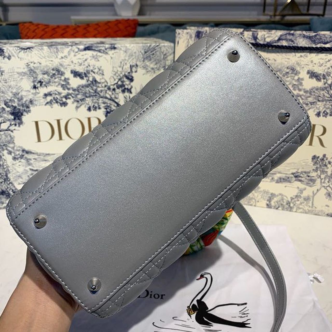 DI Medium Lady Bag Silver Hardware with Embellished Bag Strap Pearl Grey For Women 9.5in/24cm CD