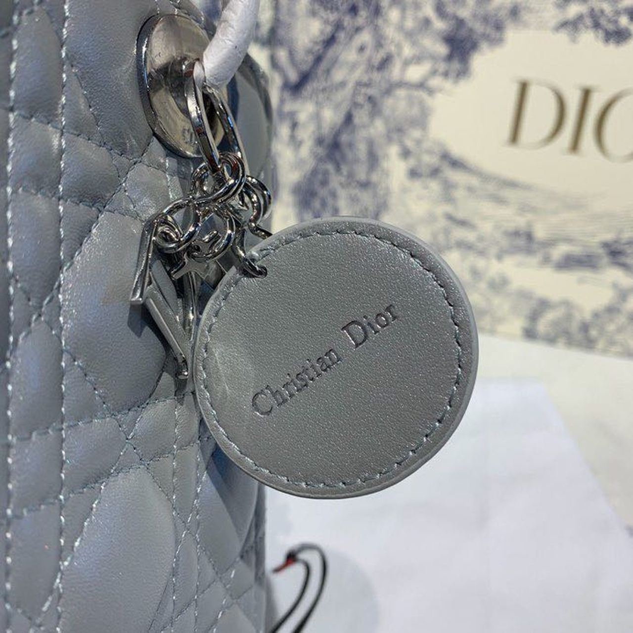 DI Medium Lady Bag Silver Hardware with Embellished Bag Strap Pearl Grey For Women 9.5in/24cm CD